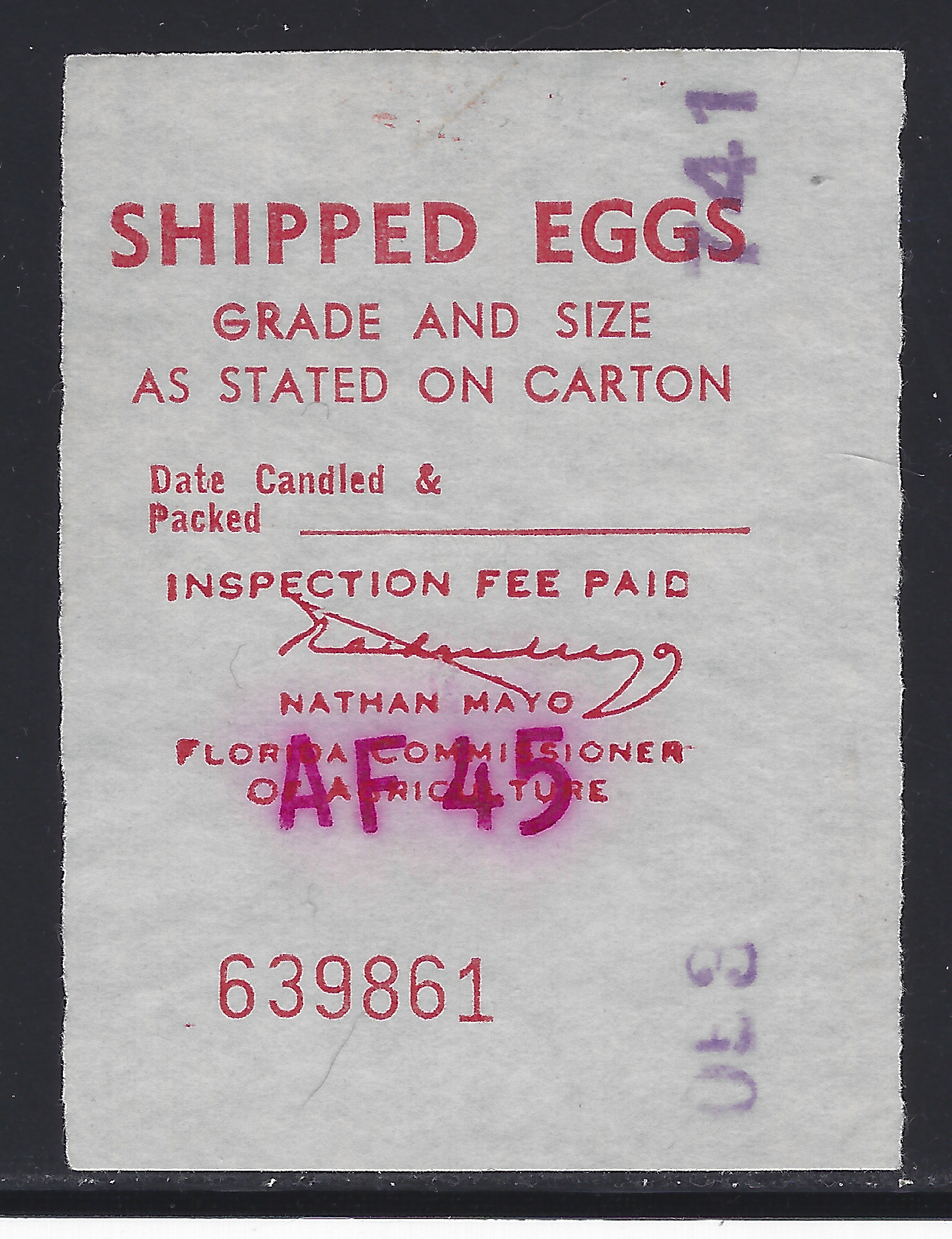 FL eggs, carton E58 Shipped Eggs red on white U VF