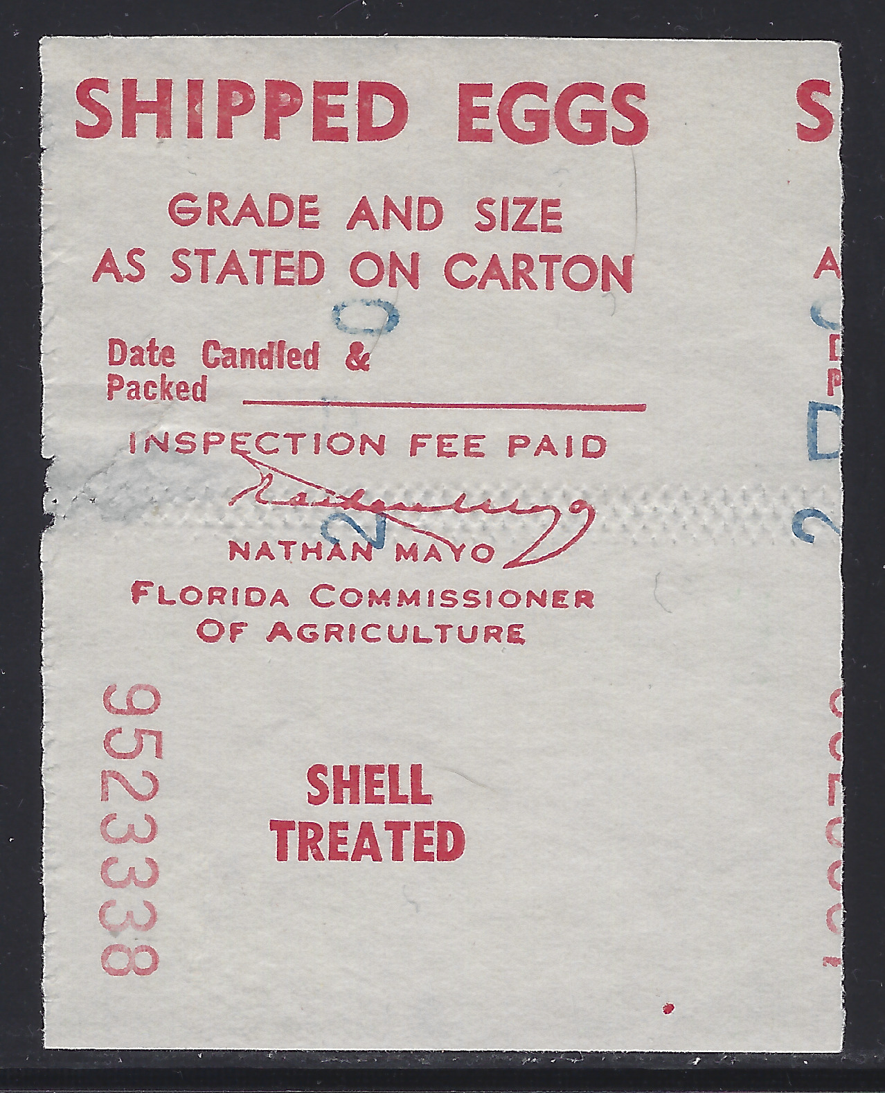 FL eggs, carton E59 Shipped Eggs/Shell Treated red on white U VF