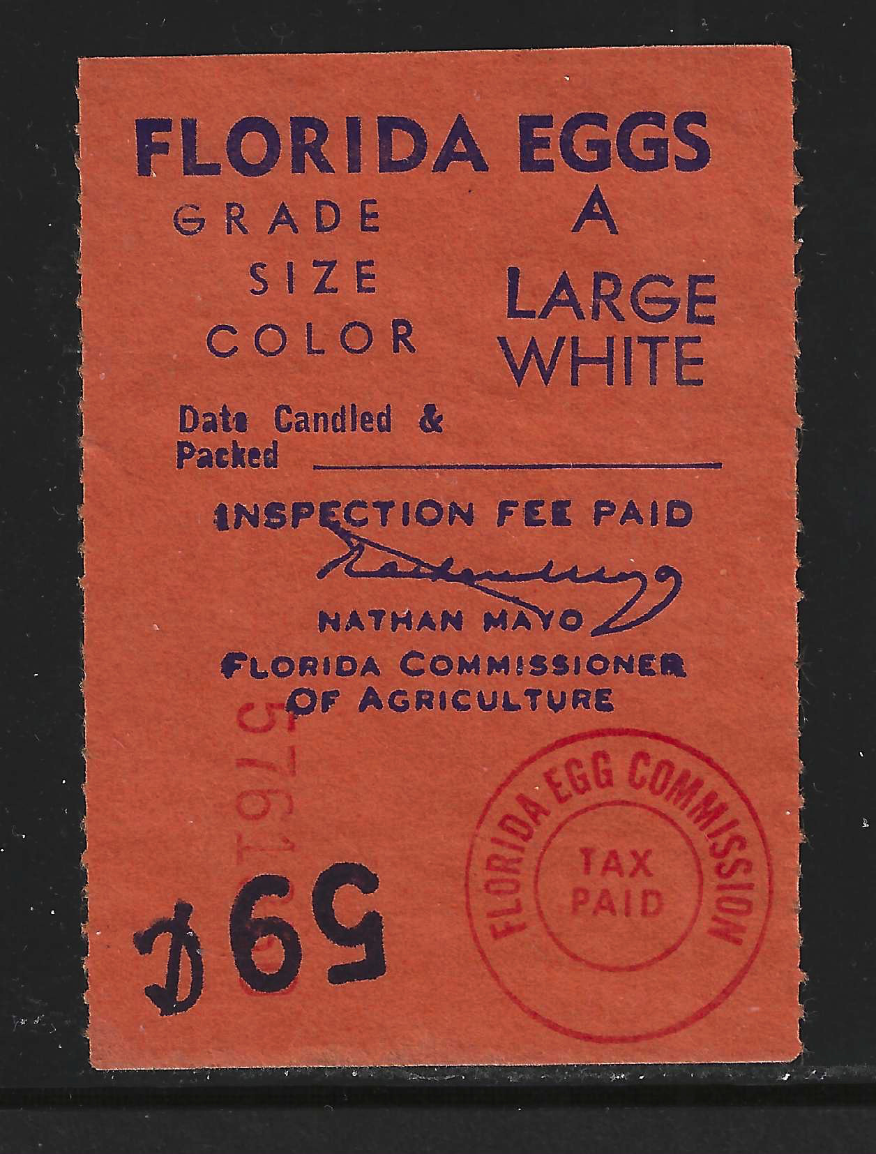 FL eggs, carton E67 Florida Eggs dk blue on orange U VF