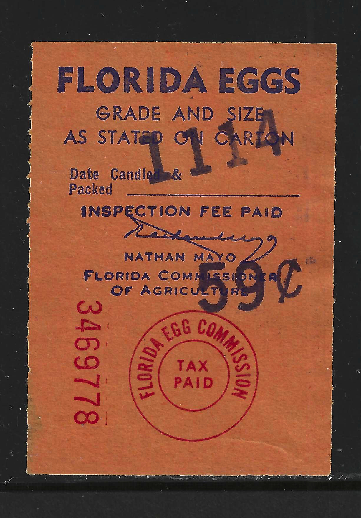 FL eggs, carton E68a Florida Eggs dk blue on yellow orange U VF