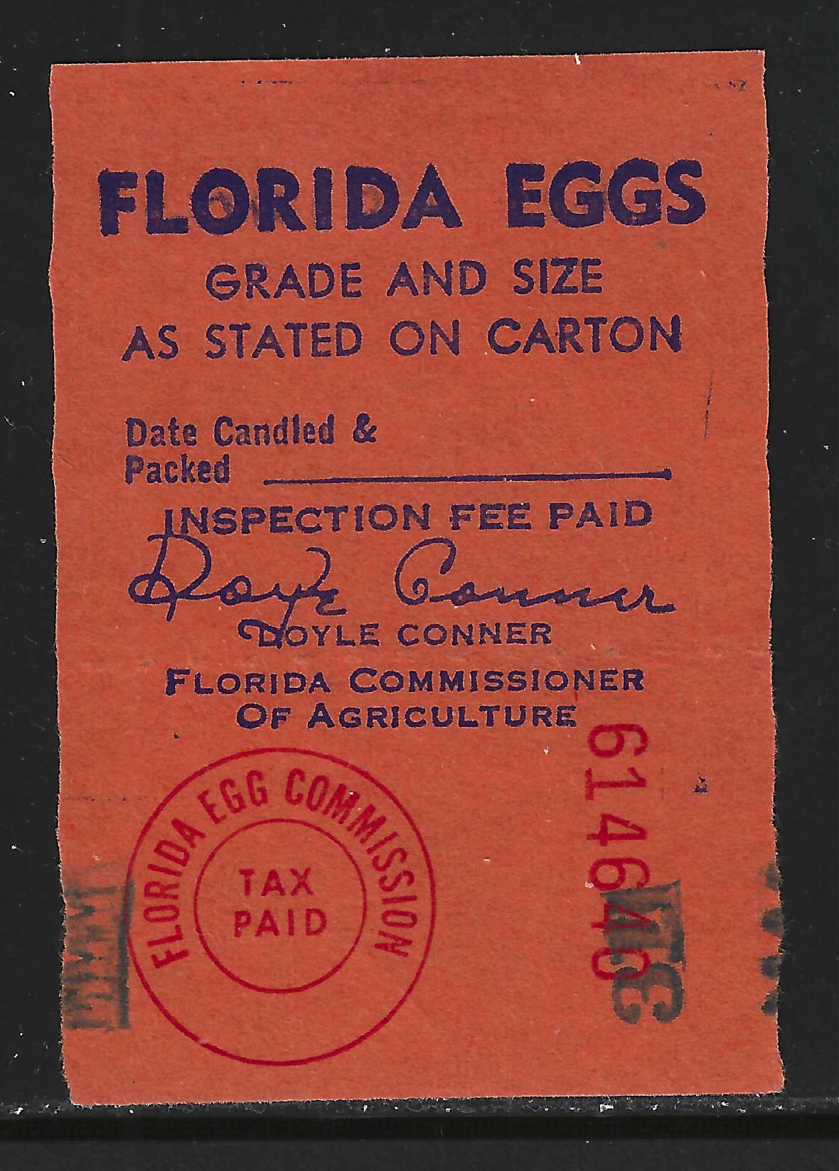 FL eggs, carton E76a Florida Eggs blue on orange Conner sign U VF   