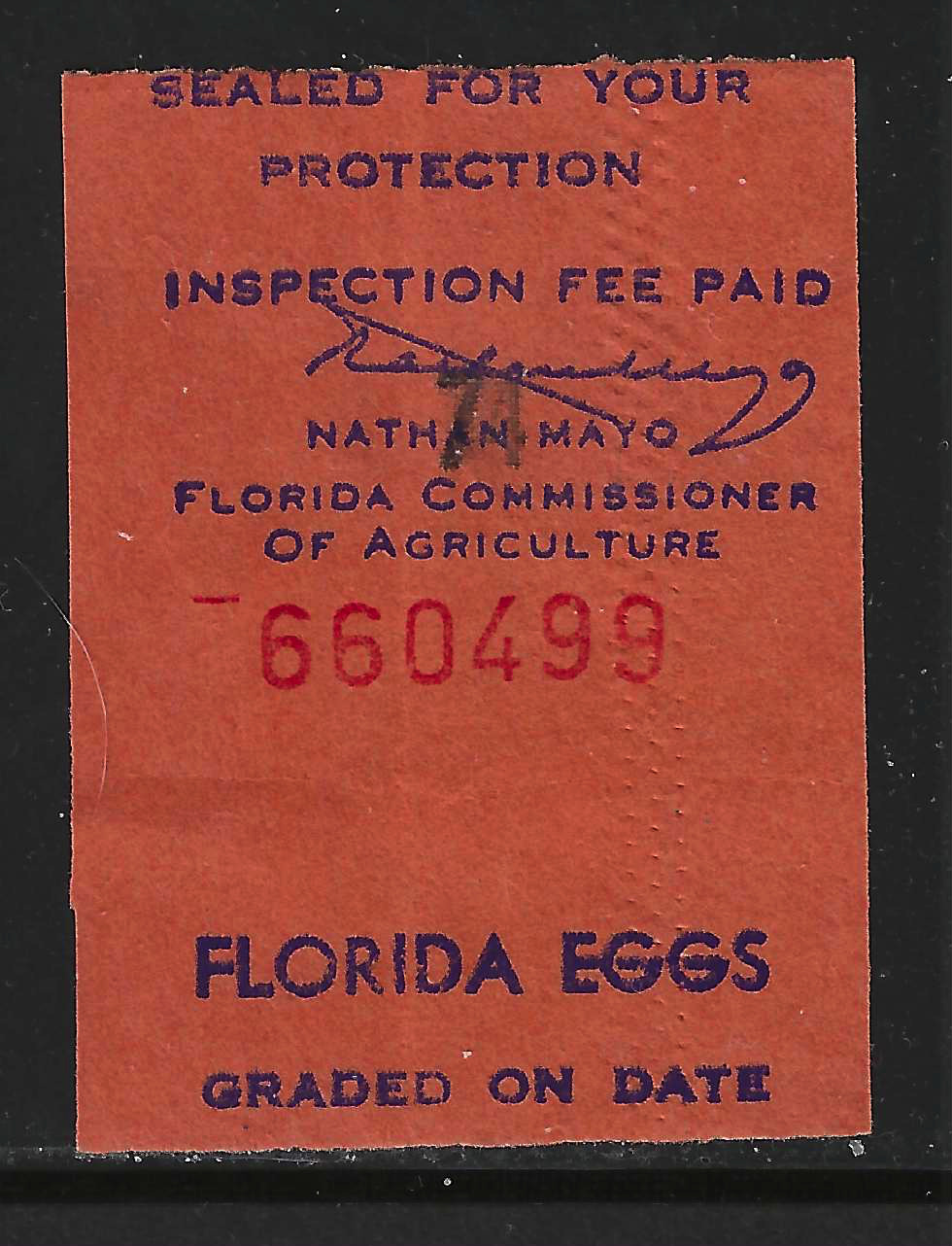 FL eggs, carton Unlisted Florida Eggs"/GRADED ON DATE" blue on orange Mayo sign U VF