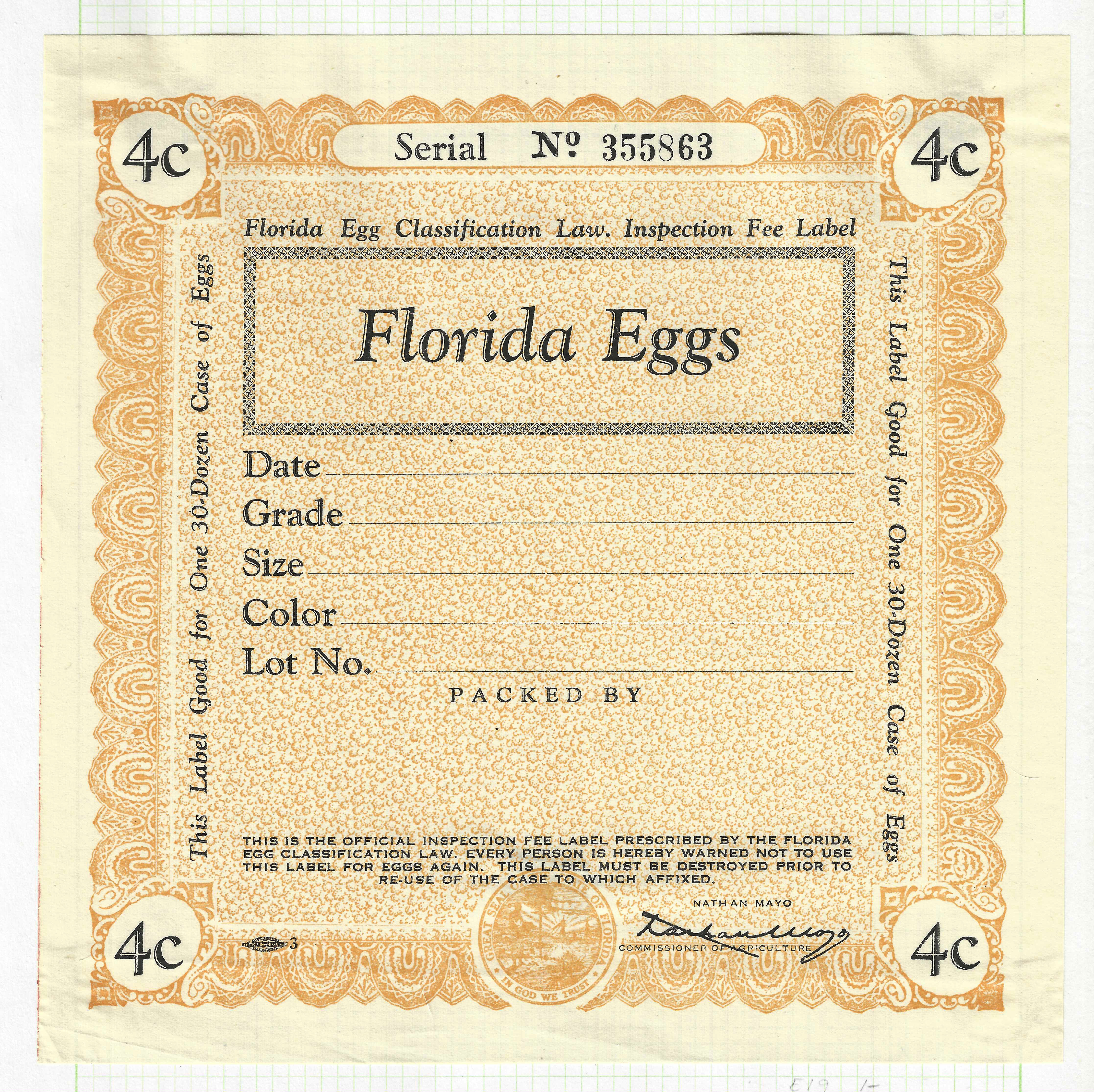 FL eggs, case E93 Florida Eggs 4¢ 30 doz yellow to orange M VF 