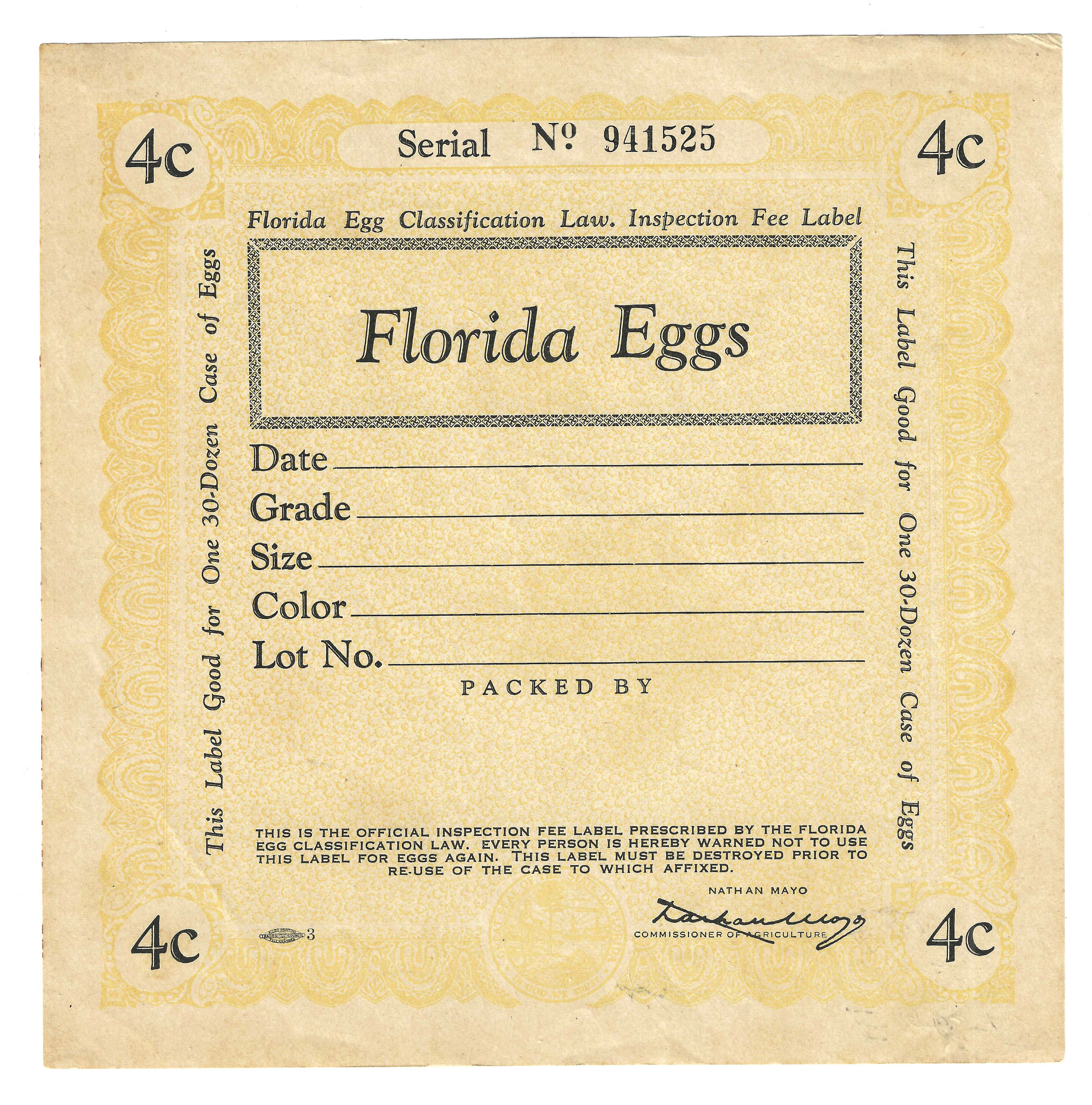 FL eggs, case E93 Florida Eggs 4¢ 30 doz yellow to orange M VF 