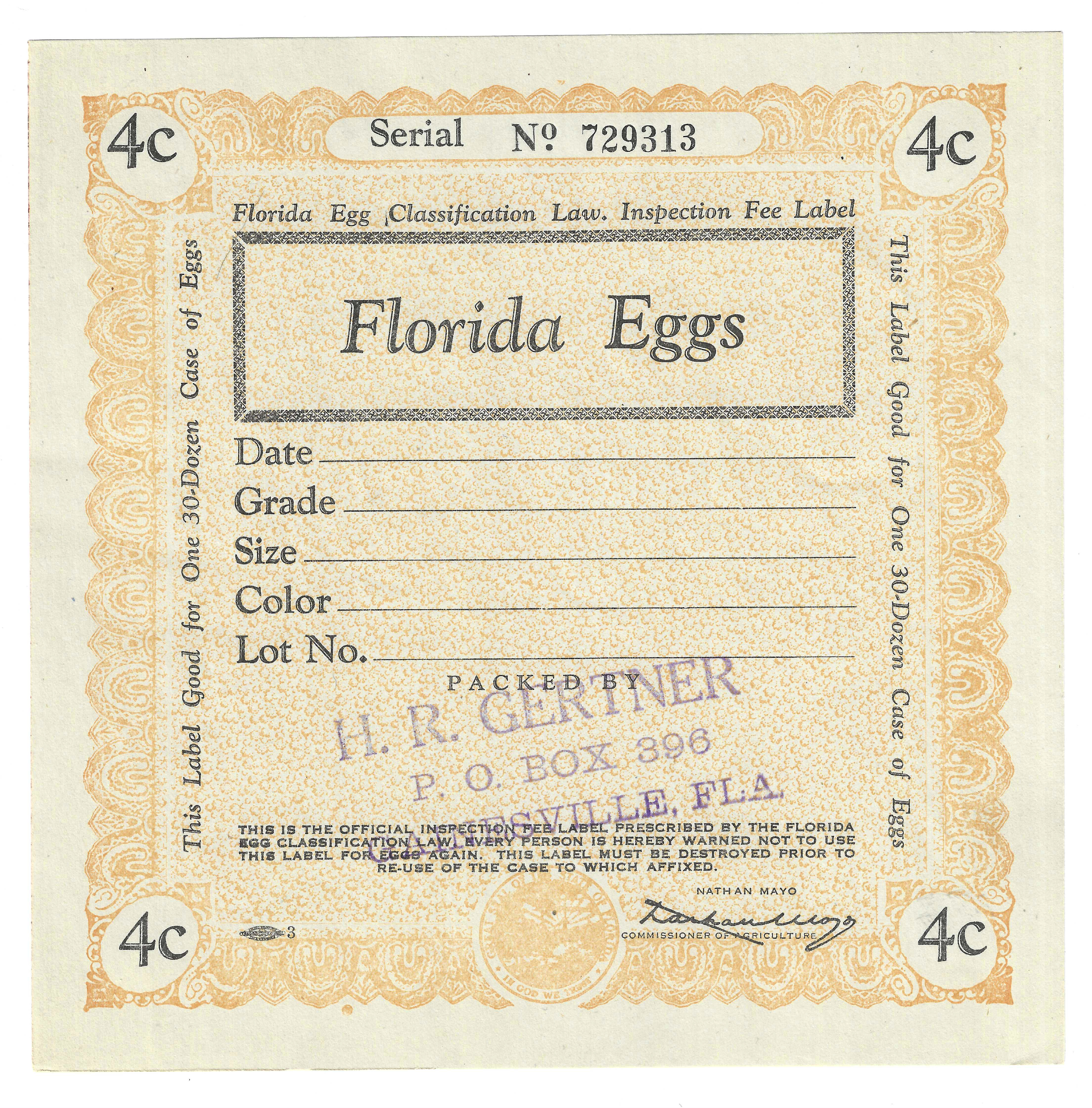 FL eggs, case E93 Florida Eggs 4¢ 30 doz yellow to orange U VF 