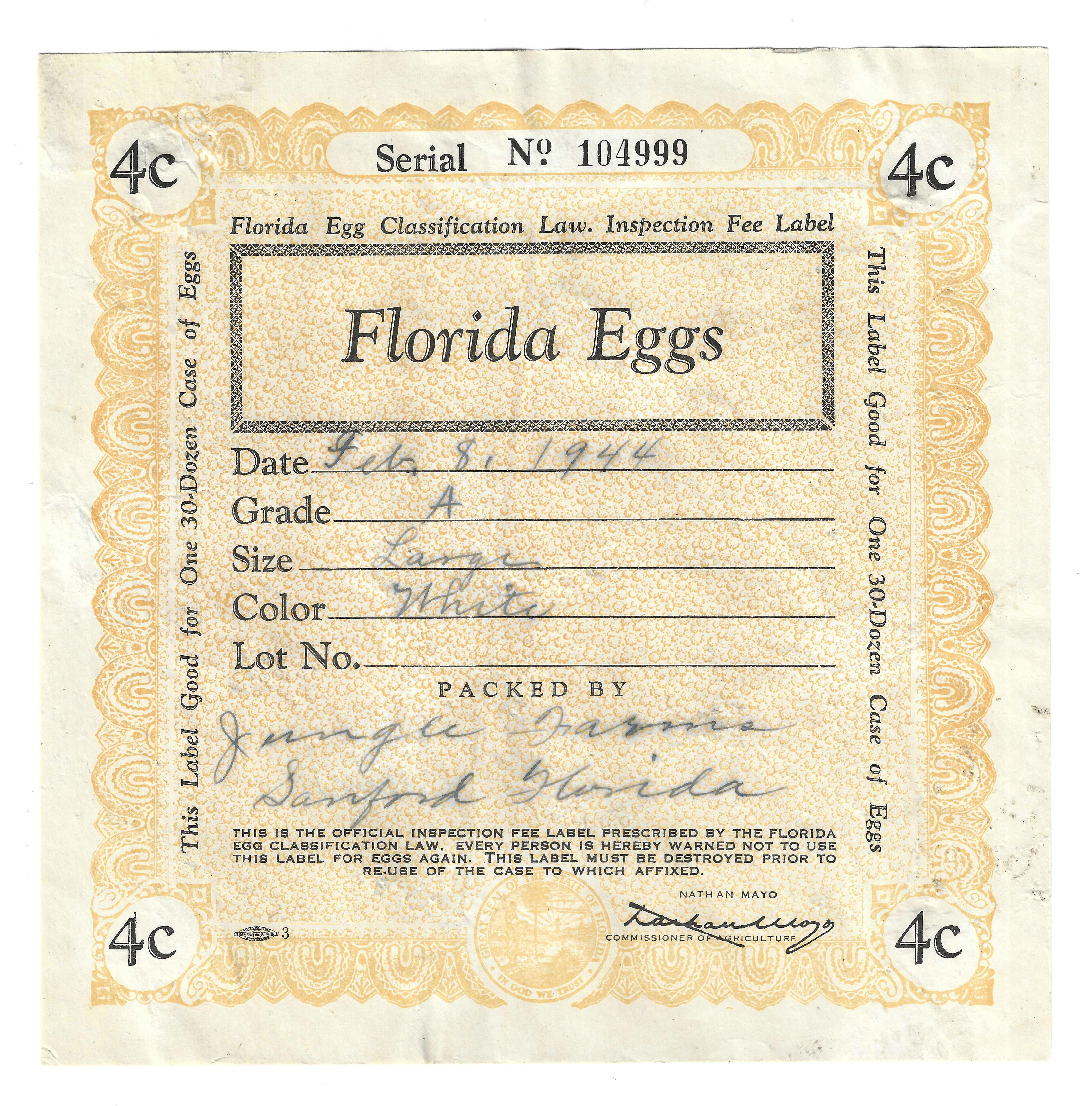 FL eggs, case E93 Florida Eggs 4¢ 30 doz yellow to orange U VF 