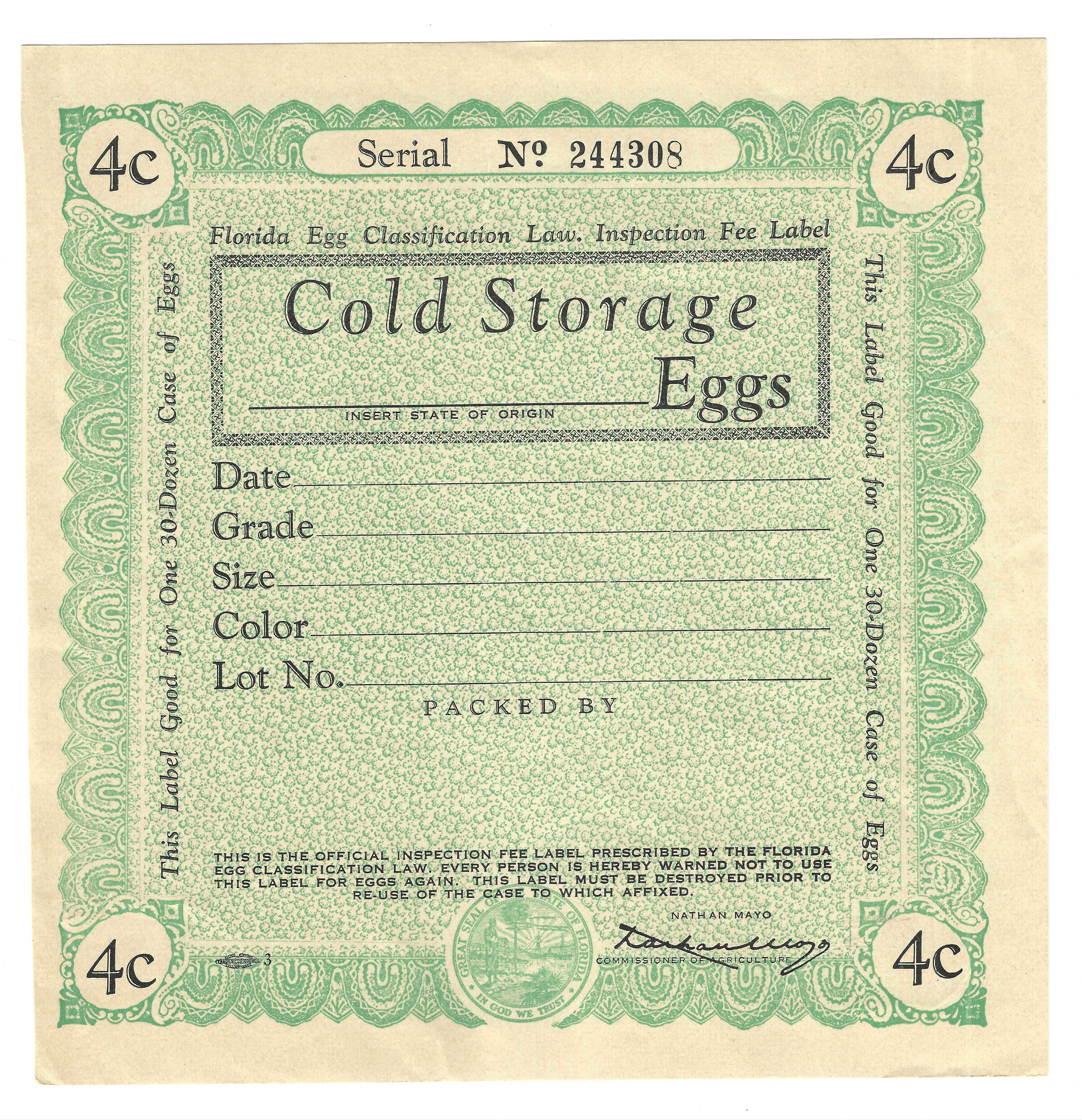 FL eggs, case E95 Cold Storage Eggs 4¢ 30 doz green M VF