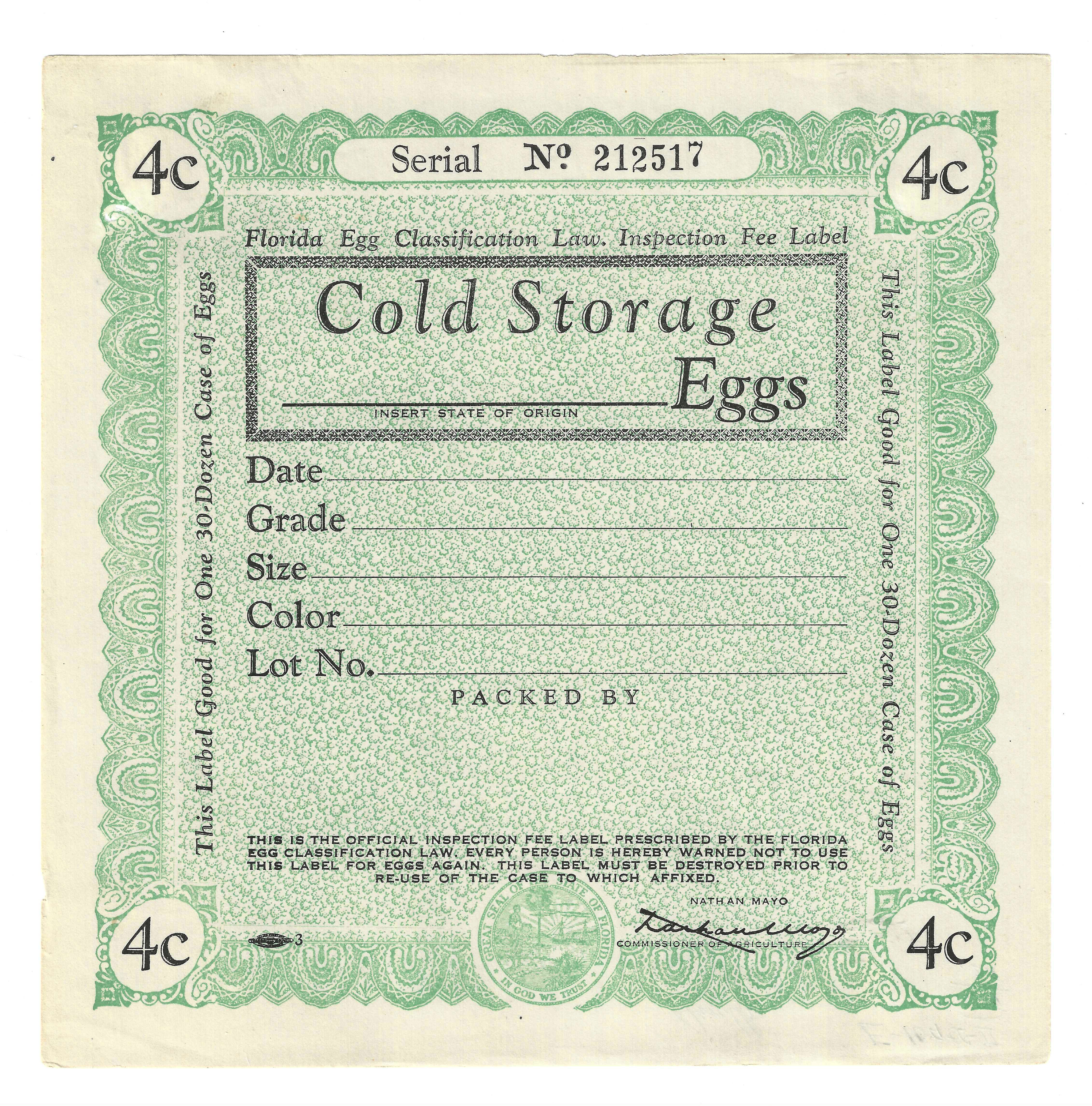 FL eggs, case E95 Cold Storage Eggs 4¢ 30 doz green M VF