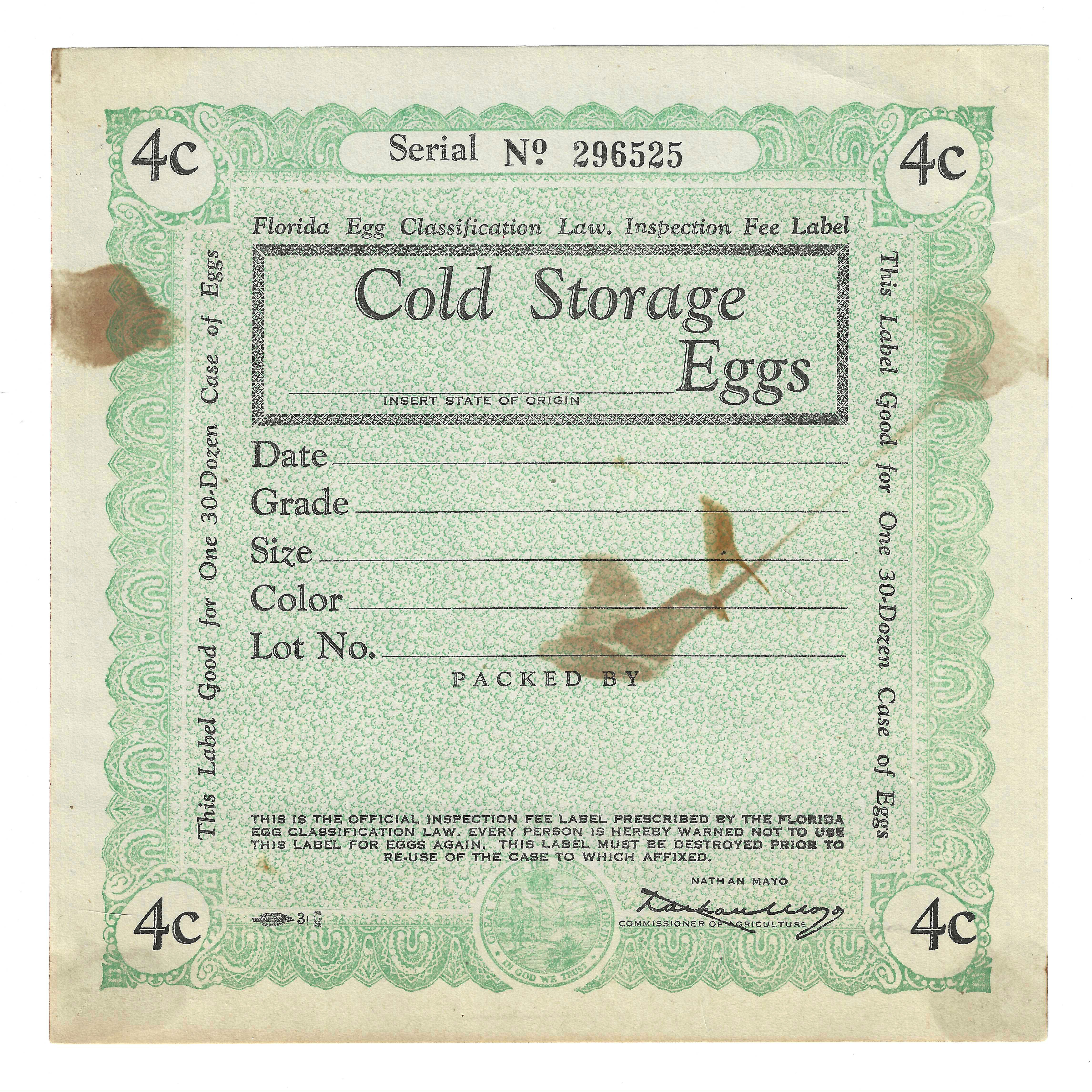 FL eggs, case E95a Cold Storage Eggs 4¢ 30 doz green w/ "decoration" beside "3" U VG