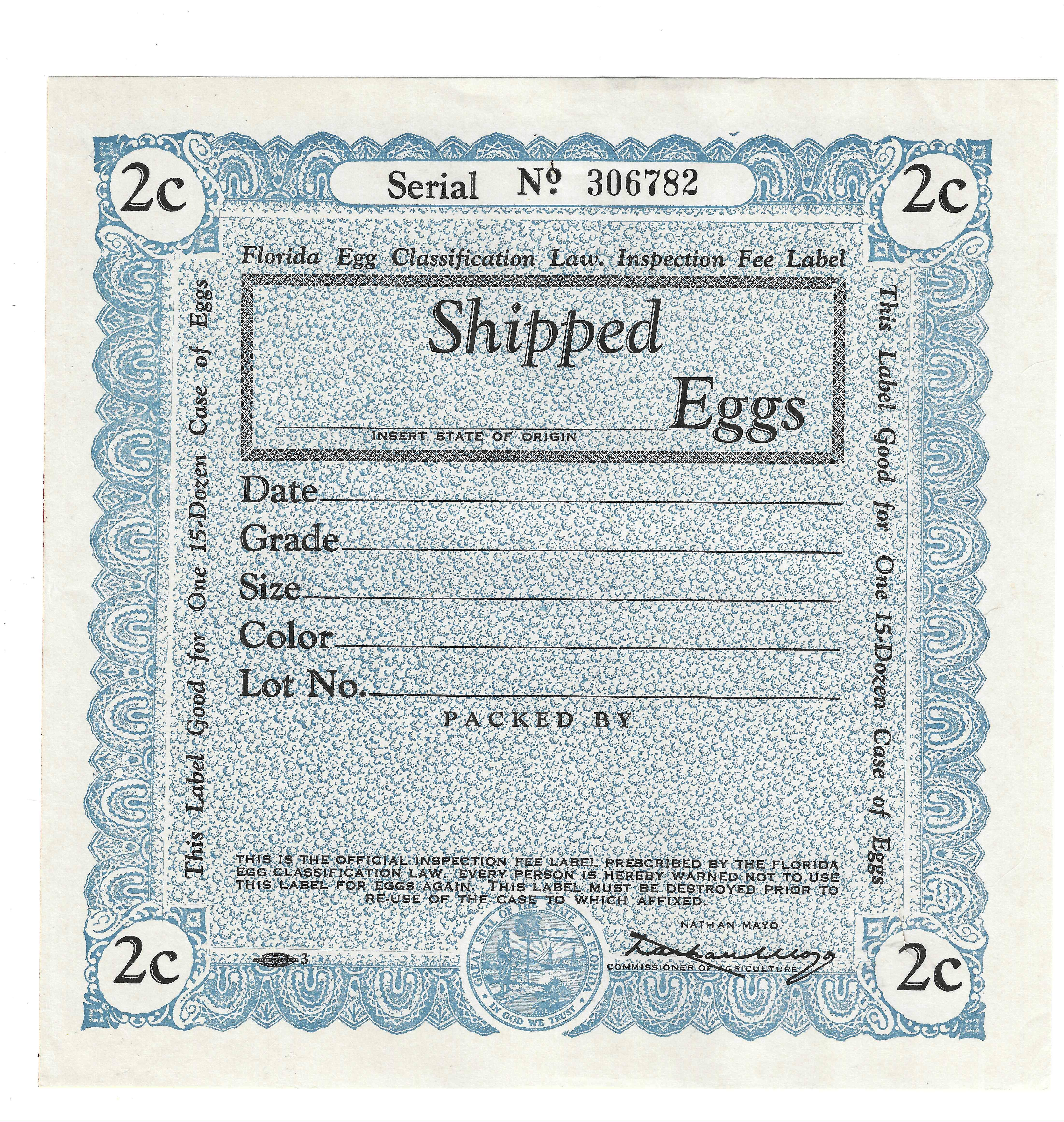 FL eggs, case E96 Shipped Eggs 2¢ blue 15 doz M VF 