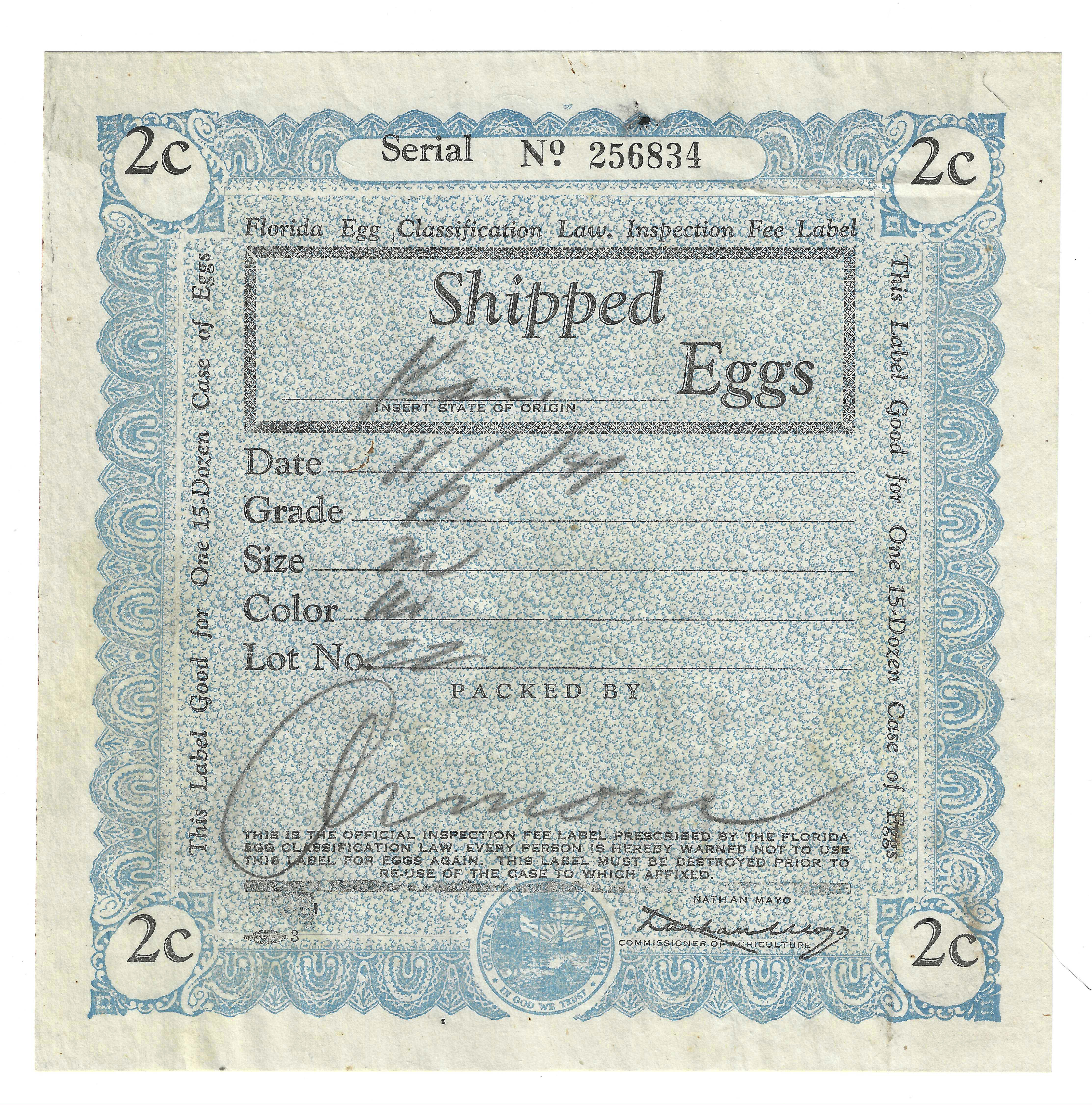 FL eggs, case E96 Shipped Eggs 2¢ blue 15 doz UVF 