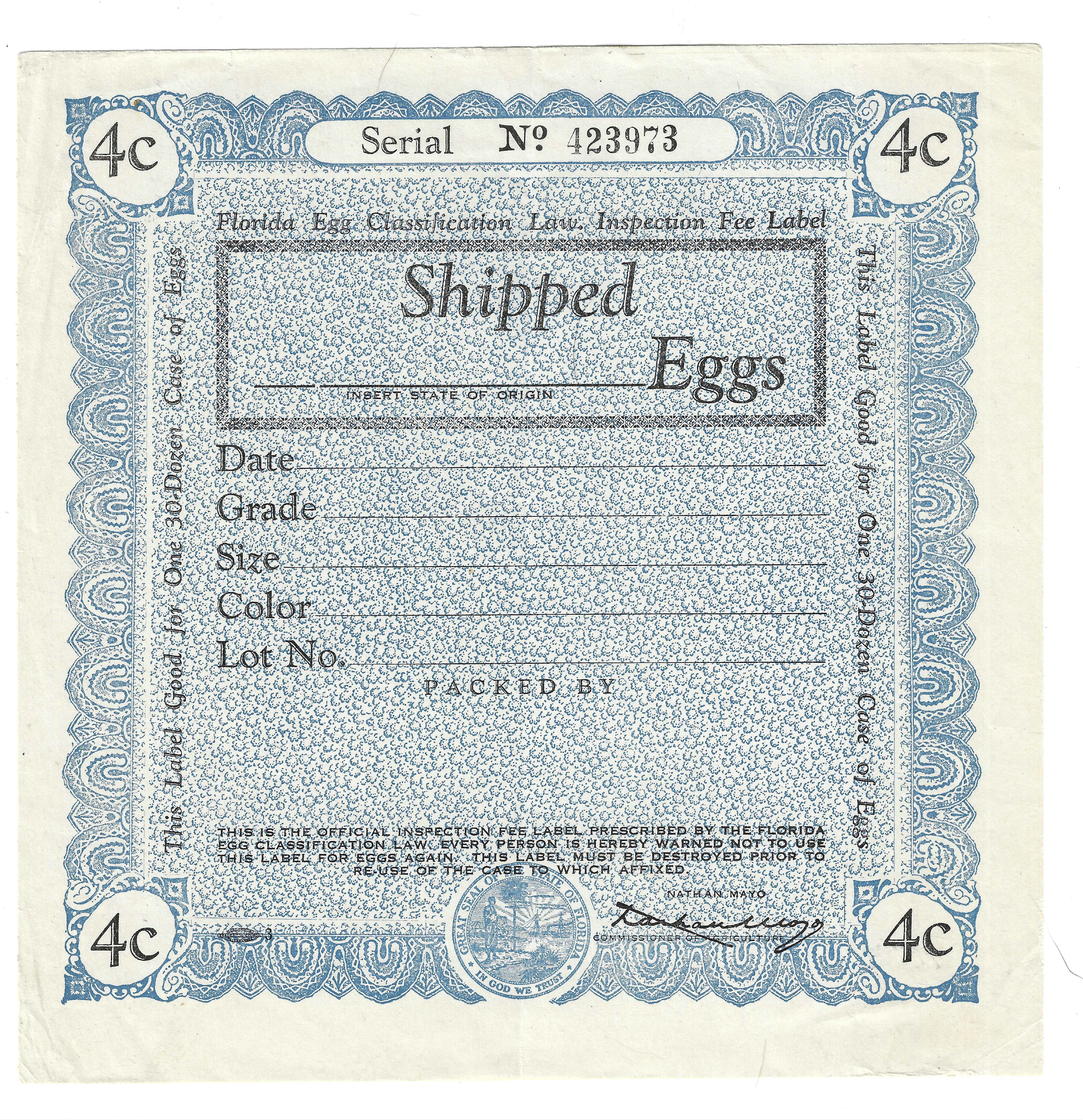 FL eggs, case E97 Shipped Eggs 4¢ blue 30 doz M VF