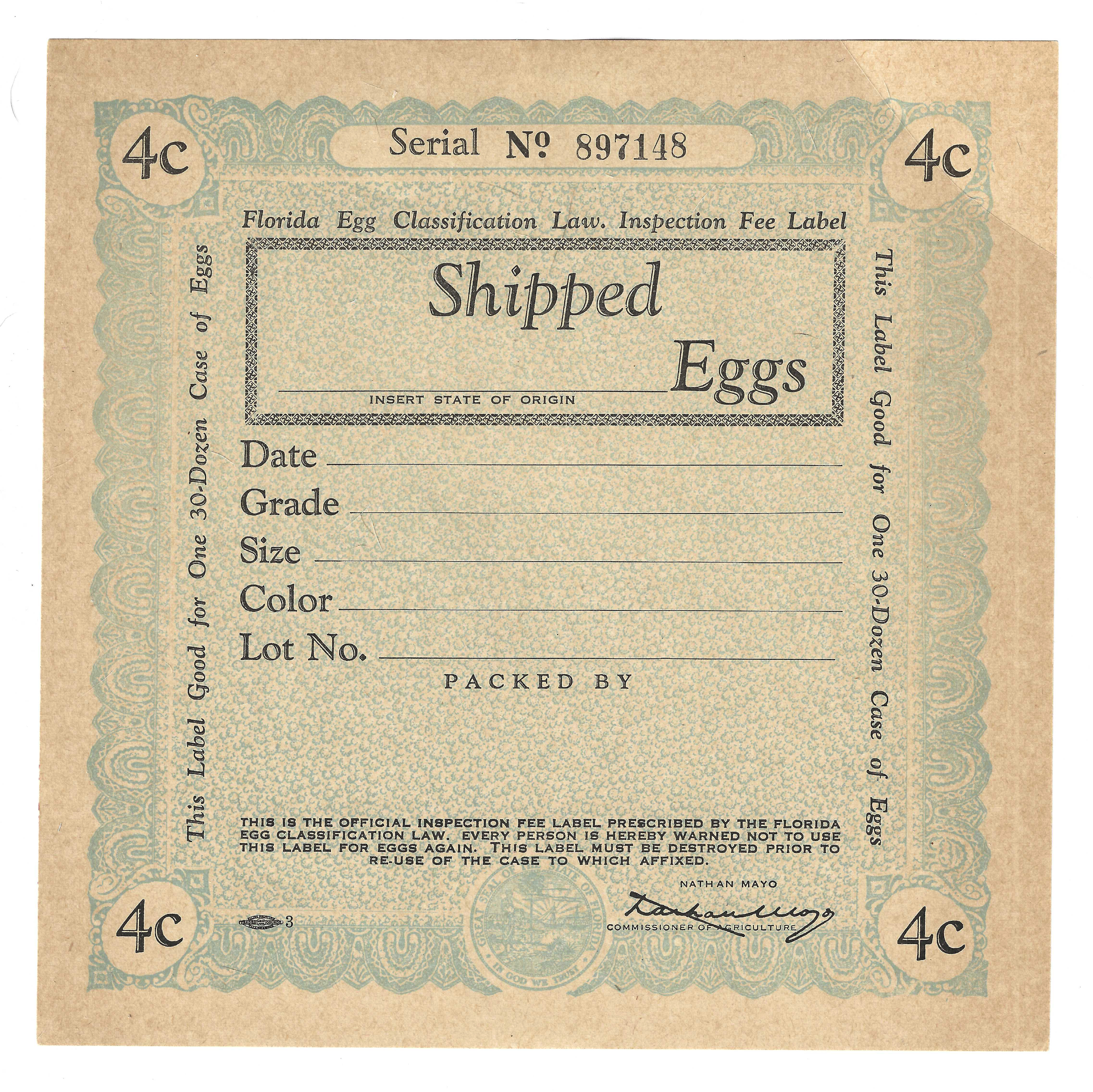 FL eggs, case E97 Shipped Eggs 4¢ blue 30 doz M VF