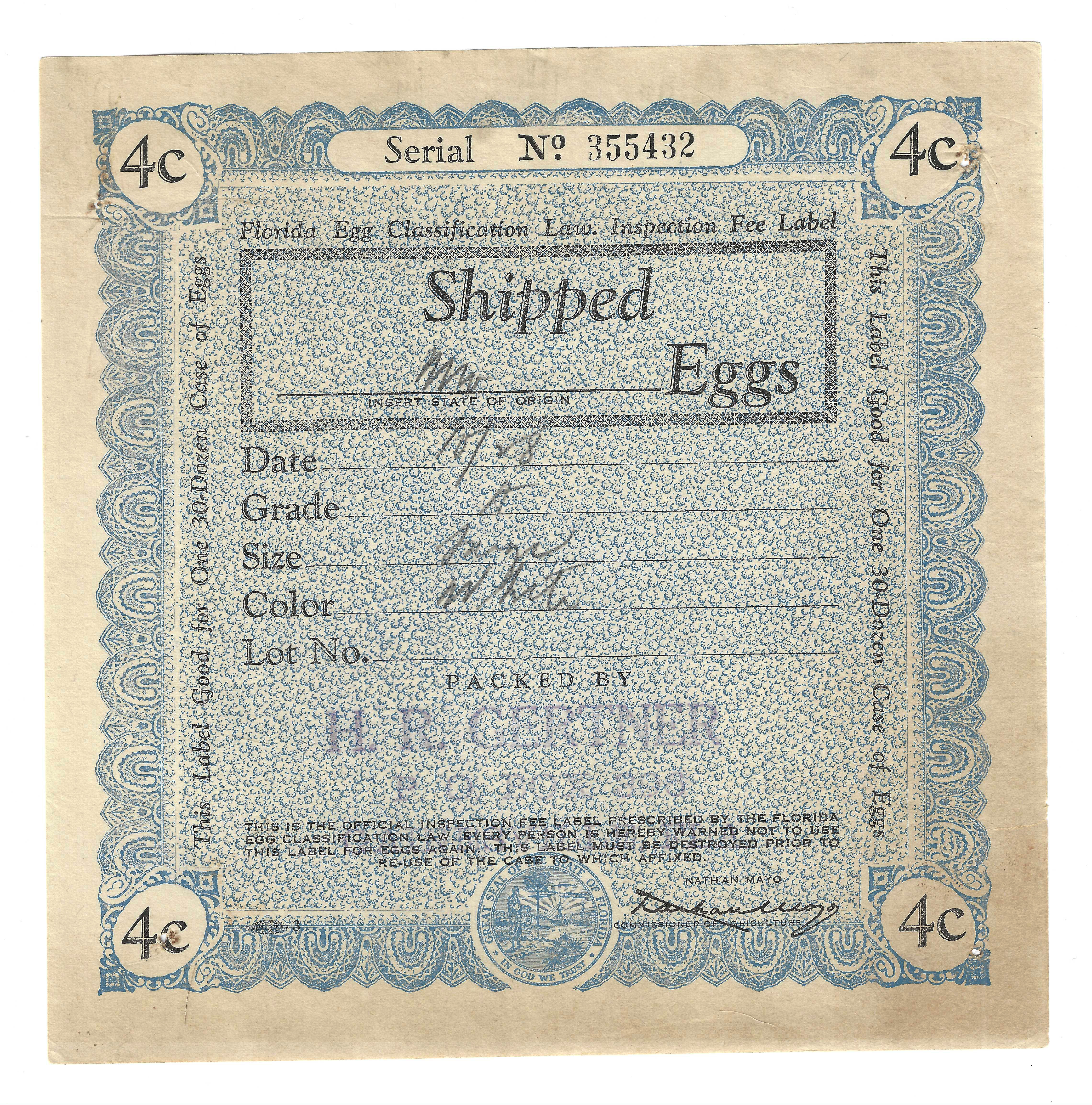 FL eggs, case E97 Shipped Eggs 4¢ blue 30 doz U VF