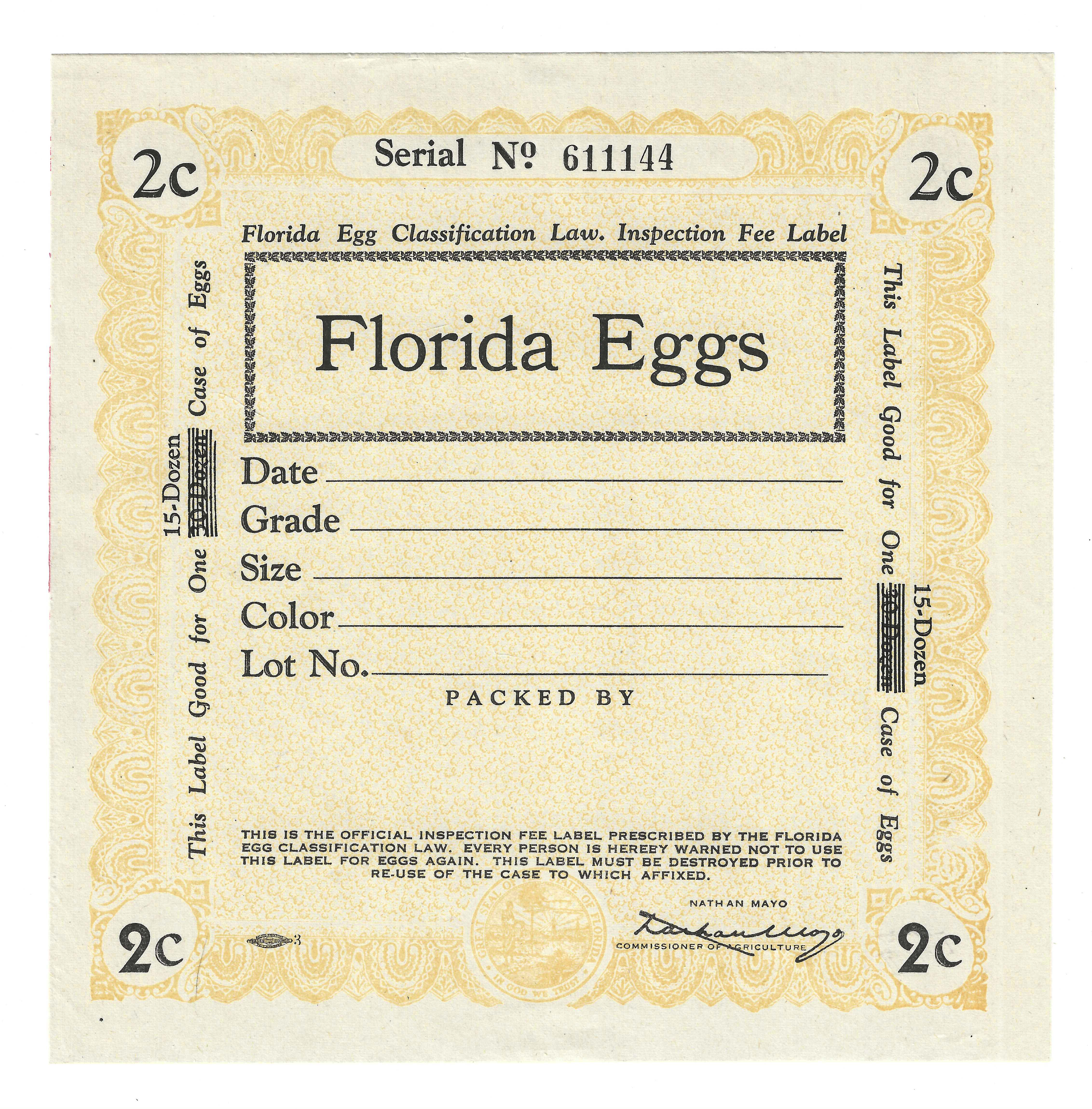 FL eggs, case E100 Florida Eggs 2¢ orange overprinted mis-print M VF