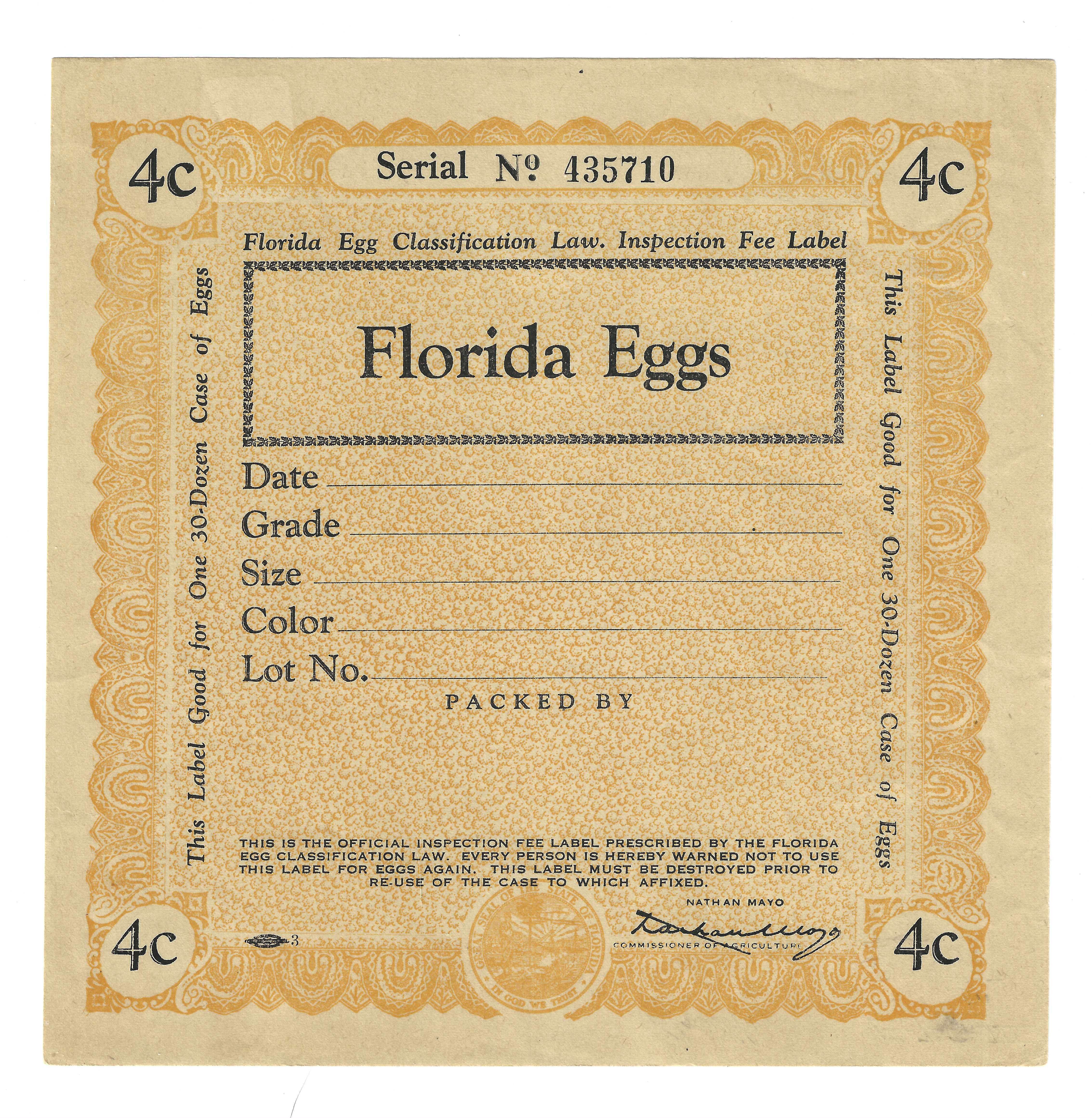 FL eggs, case E101 Florida Eggs 4¢ orange 30 doz M VF