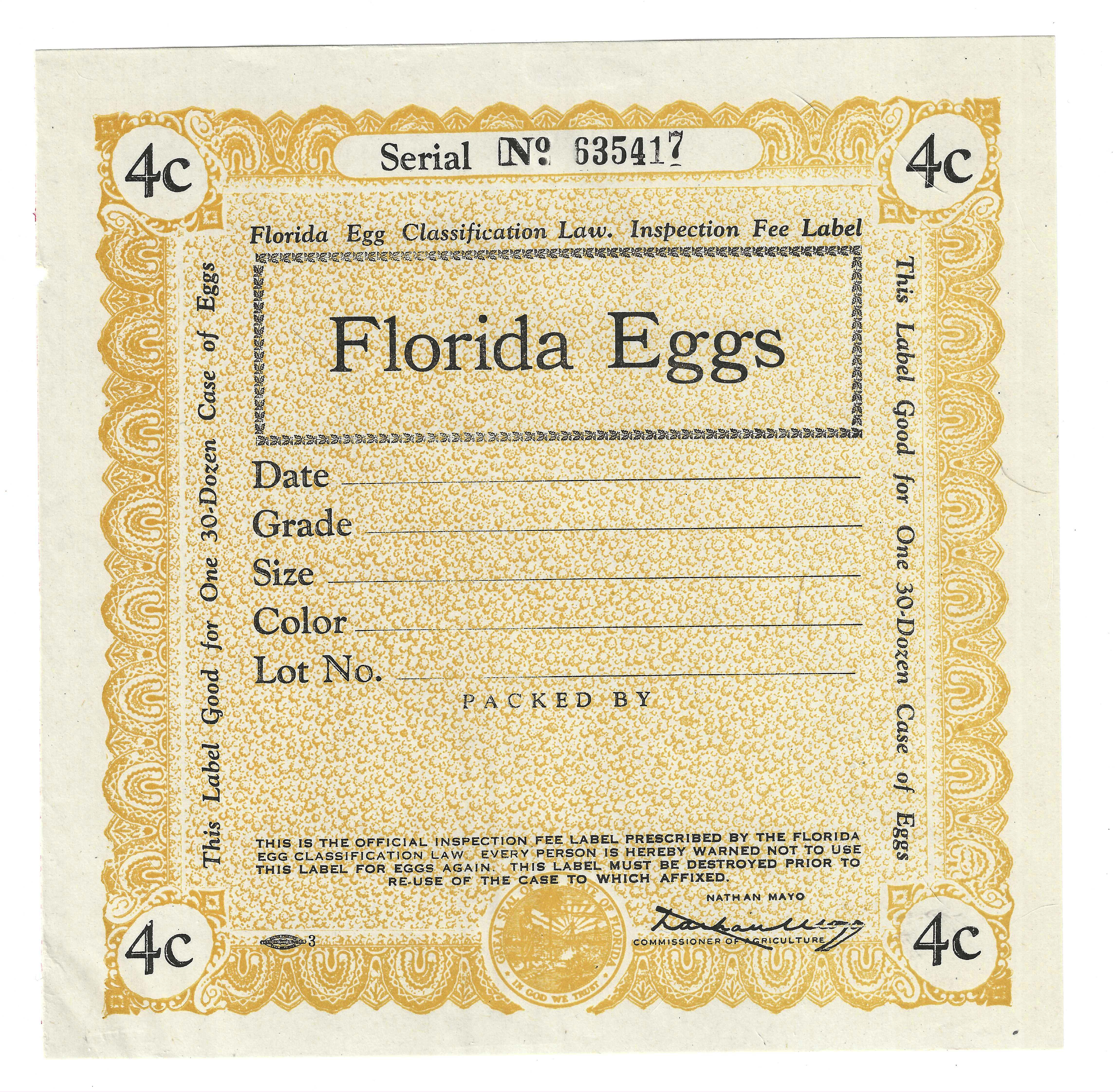 FL eggs, case E101 Florida Eggs 4¢ orange 30 doz M VF