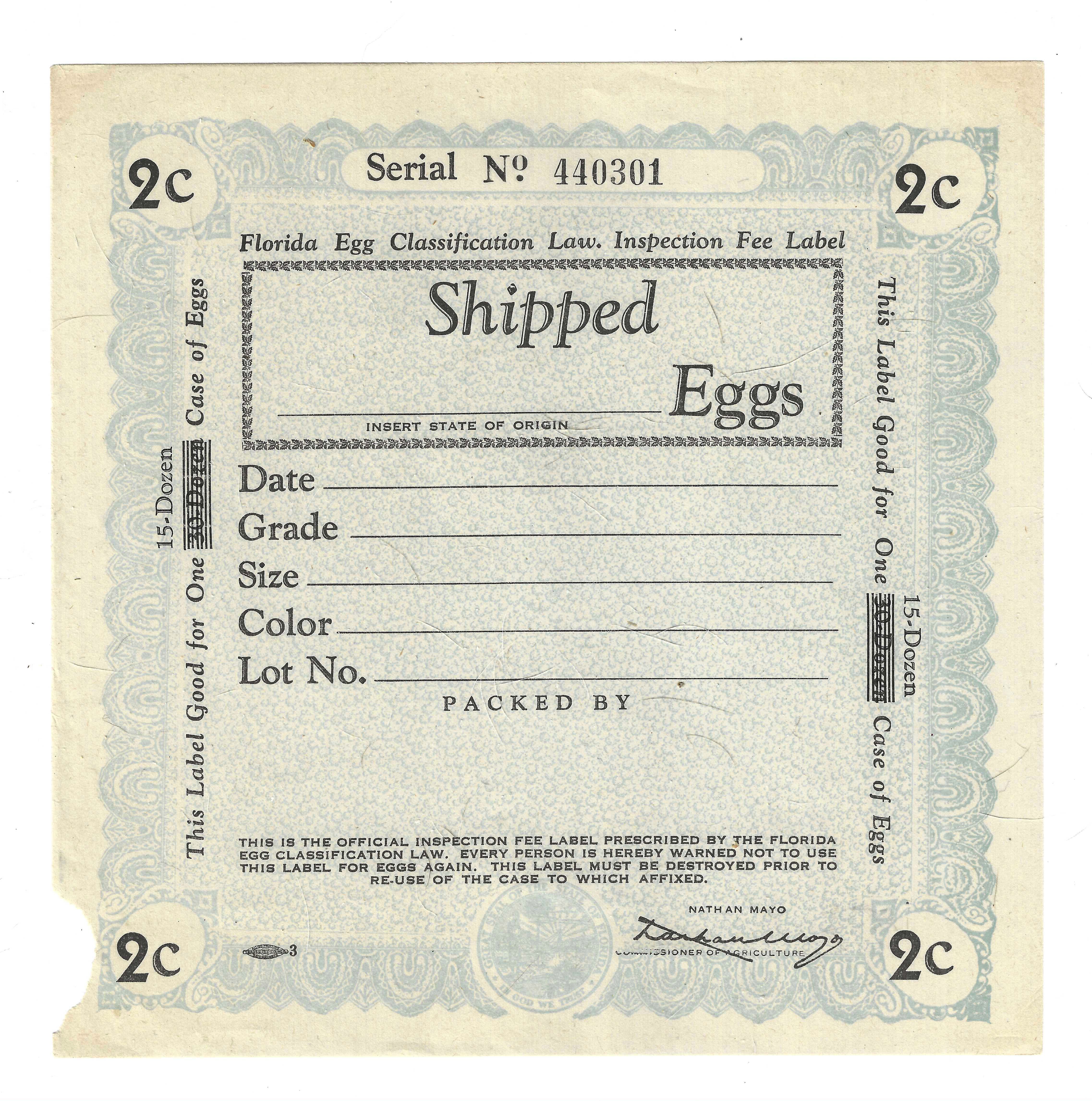 FL eggs, case E105 Shipped Eggs 2¢ blue overprinted mis-print M VF w/ small missing piece at lower left