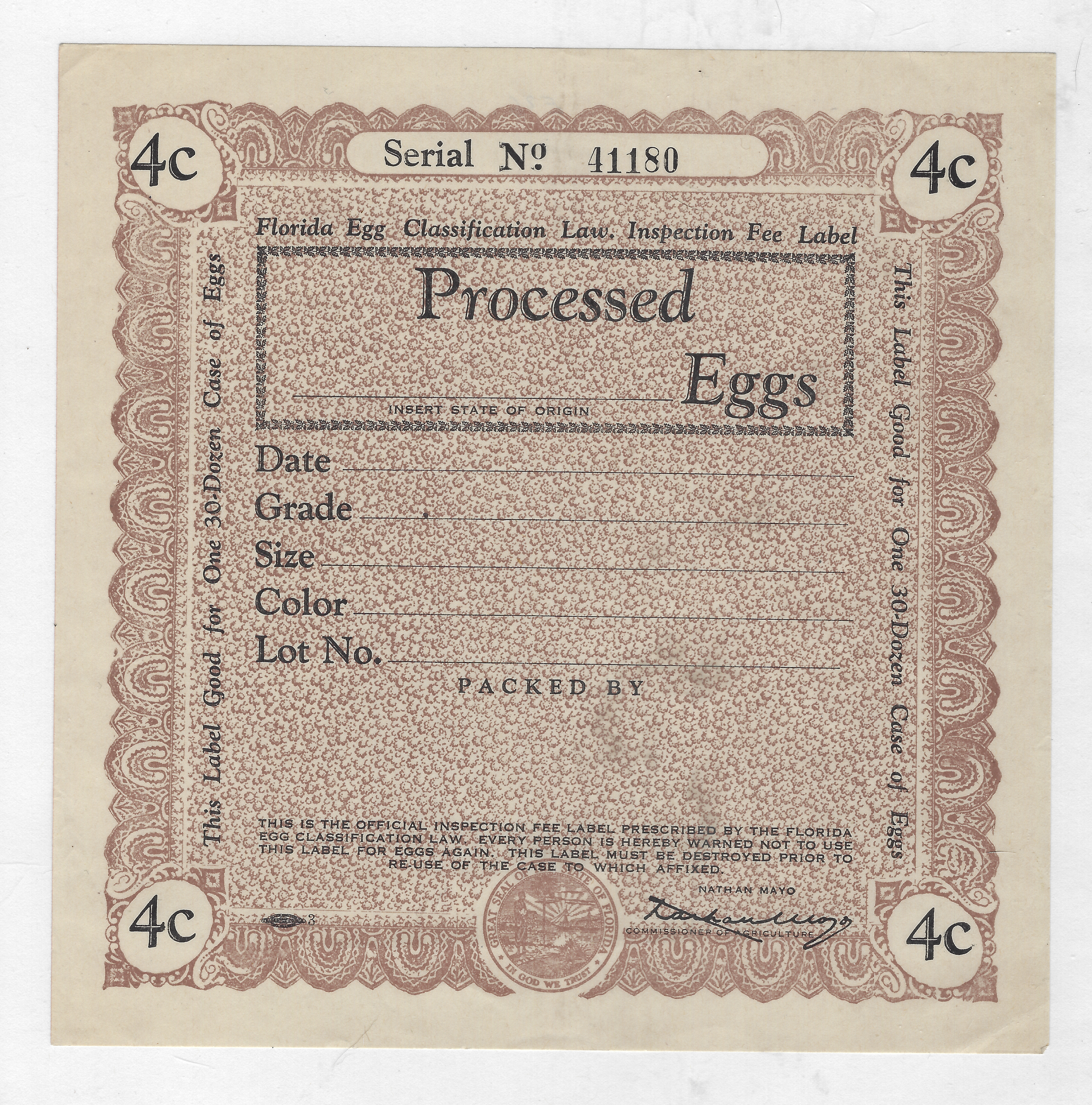 FL eggs, case E108 Processed Eggs 4¢ brown 30 doz M VF