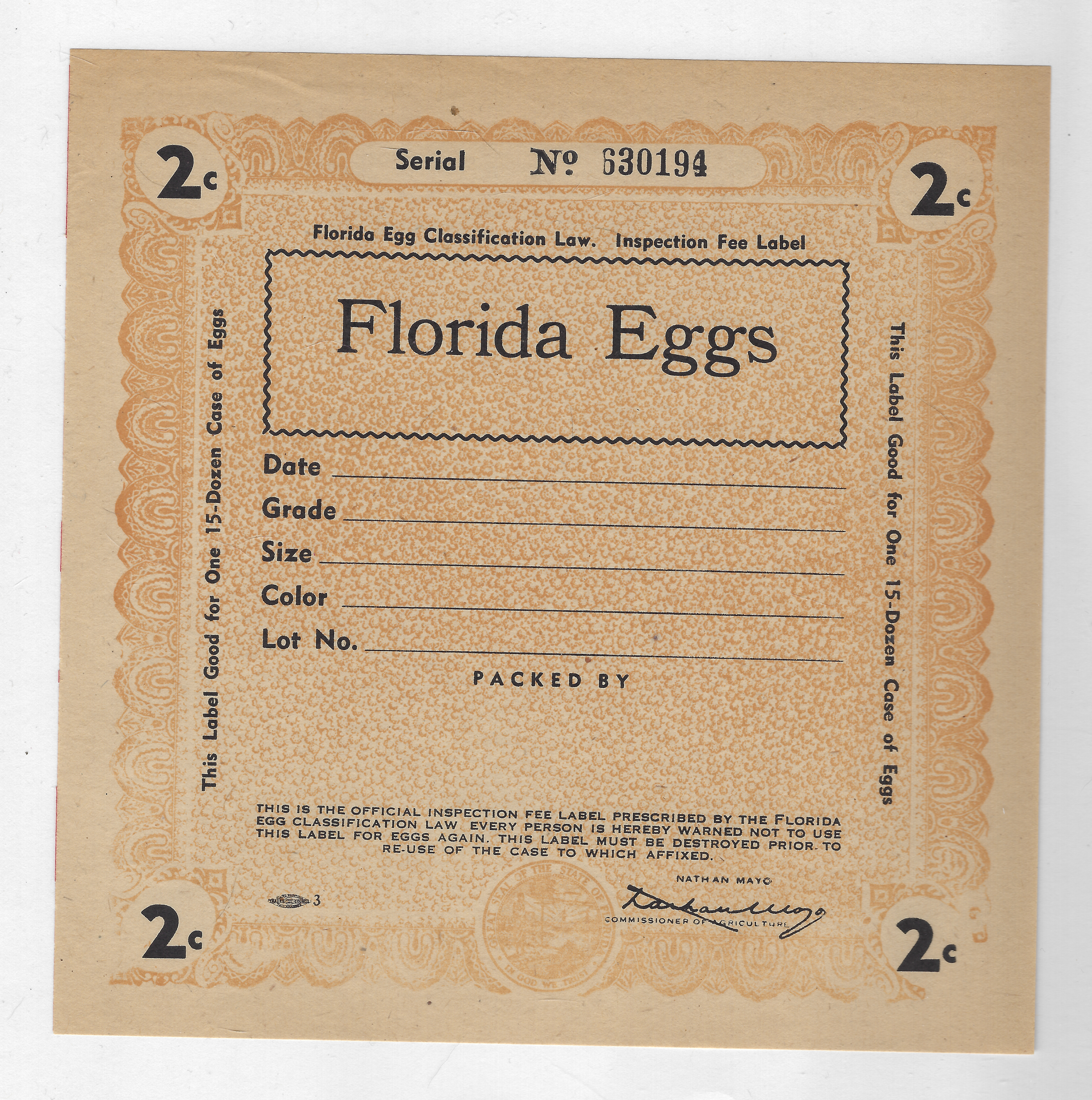 FL eggs, case E111 Florida Eggs 2¢ orange 15 doz M VF 