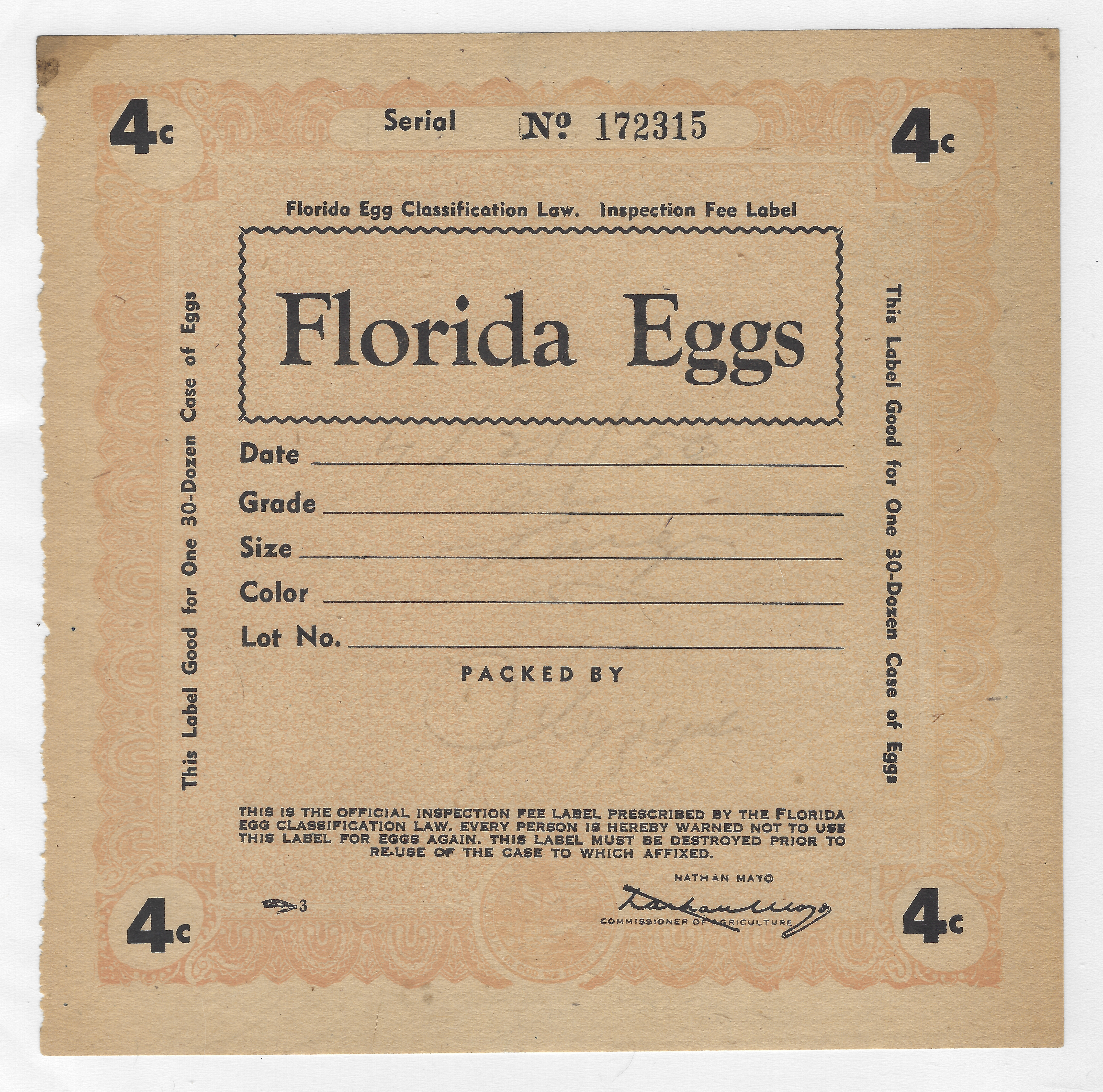 FL eggs, case E112 Florida Eggs 4¢ orange 30 doz M VF w/ margin flts