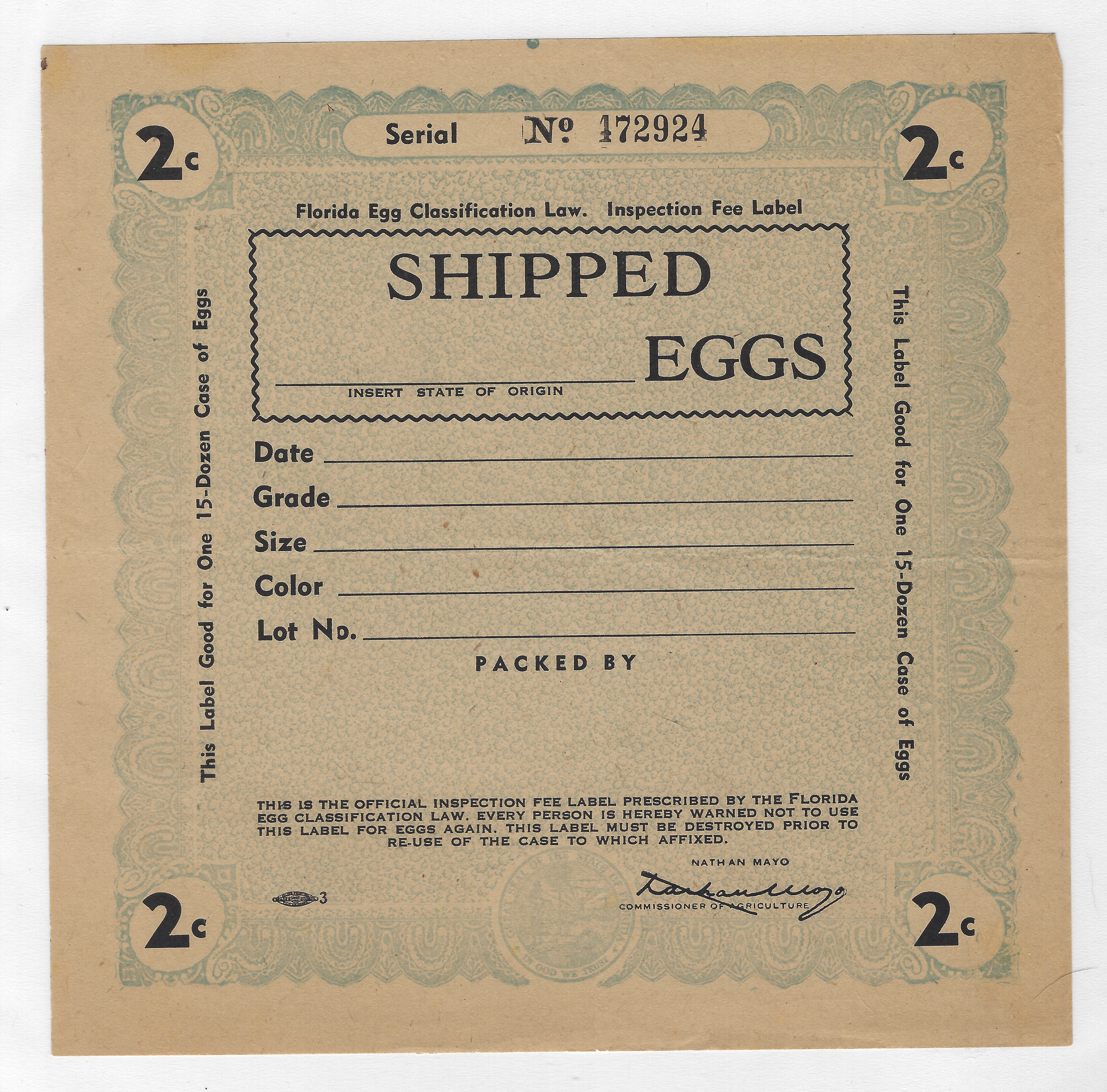 FL eggs, case E121 Shipped Eggs 2¢ blue 15 doz M VF w/light fold