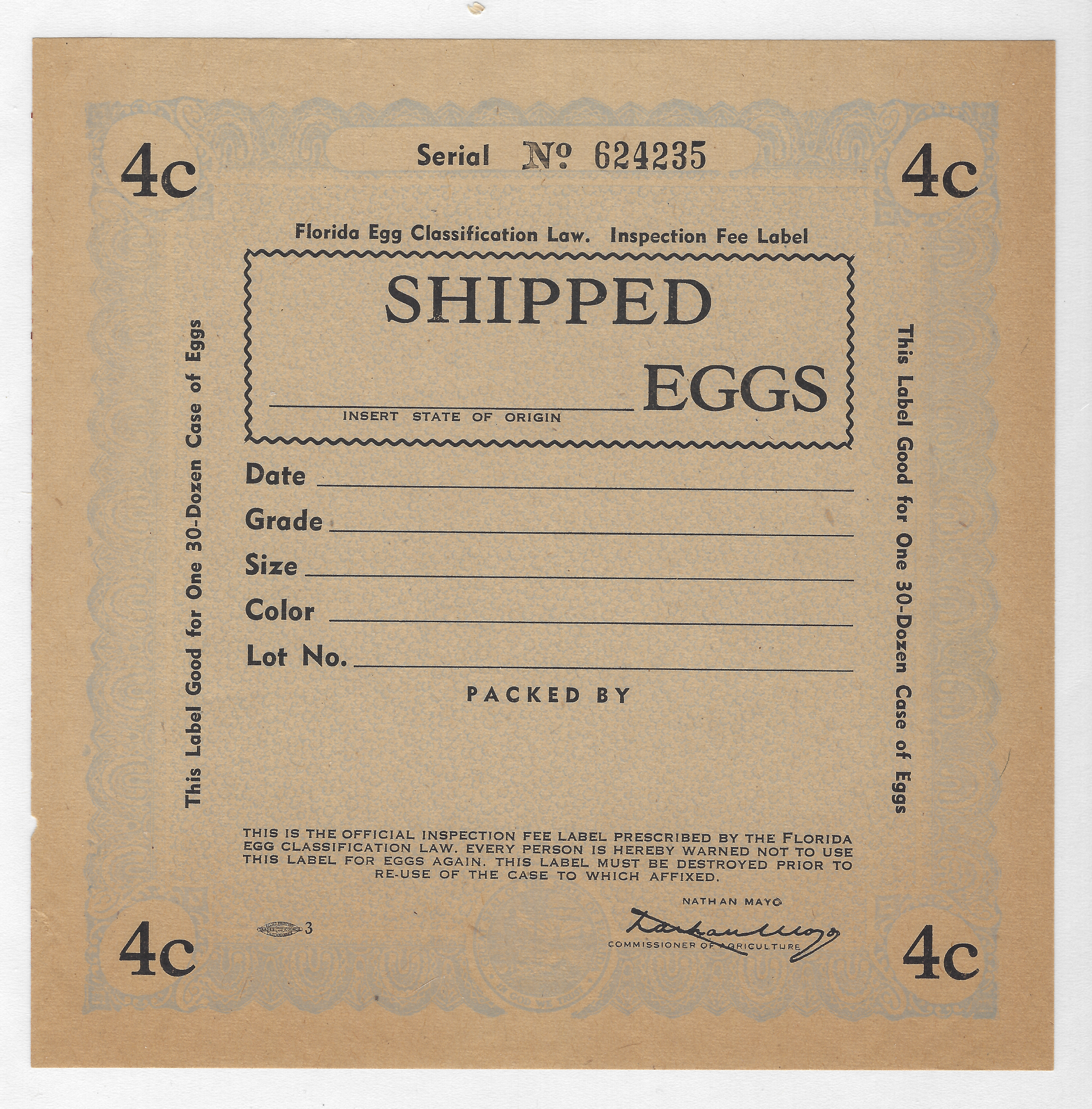 FL eggs, case E123 Shipped Eggs 4¢ blue 30 doz M VF 