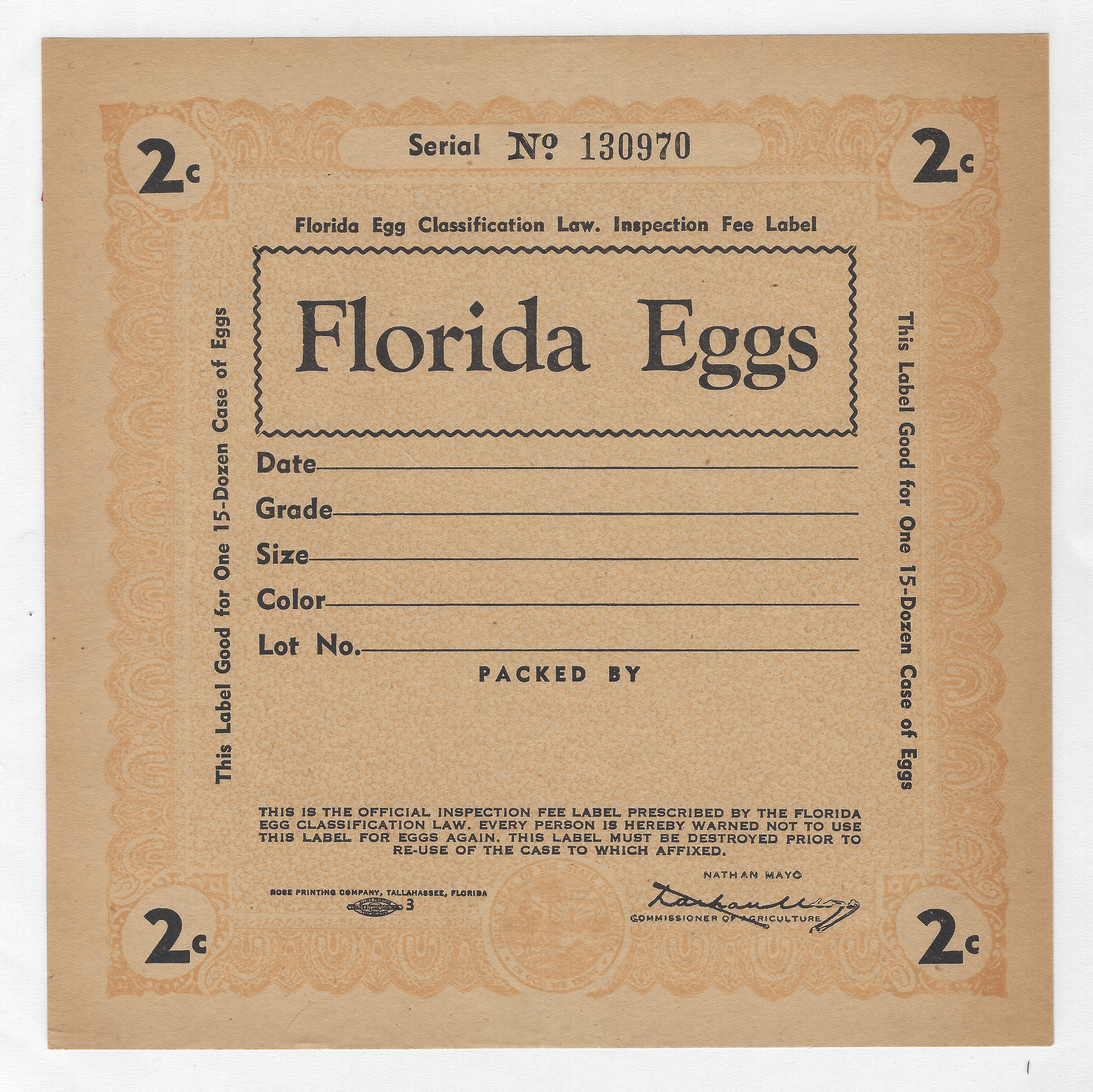 FL eggs, case E131 Florida Eggs 2¢ orange 15 doz M VF 