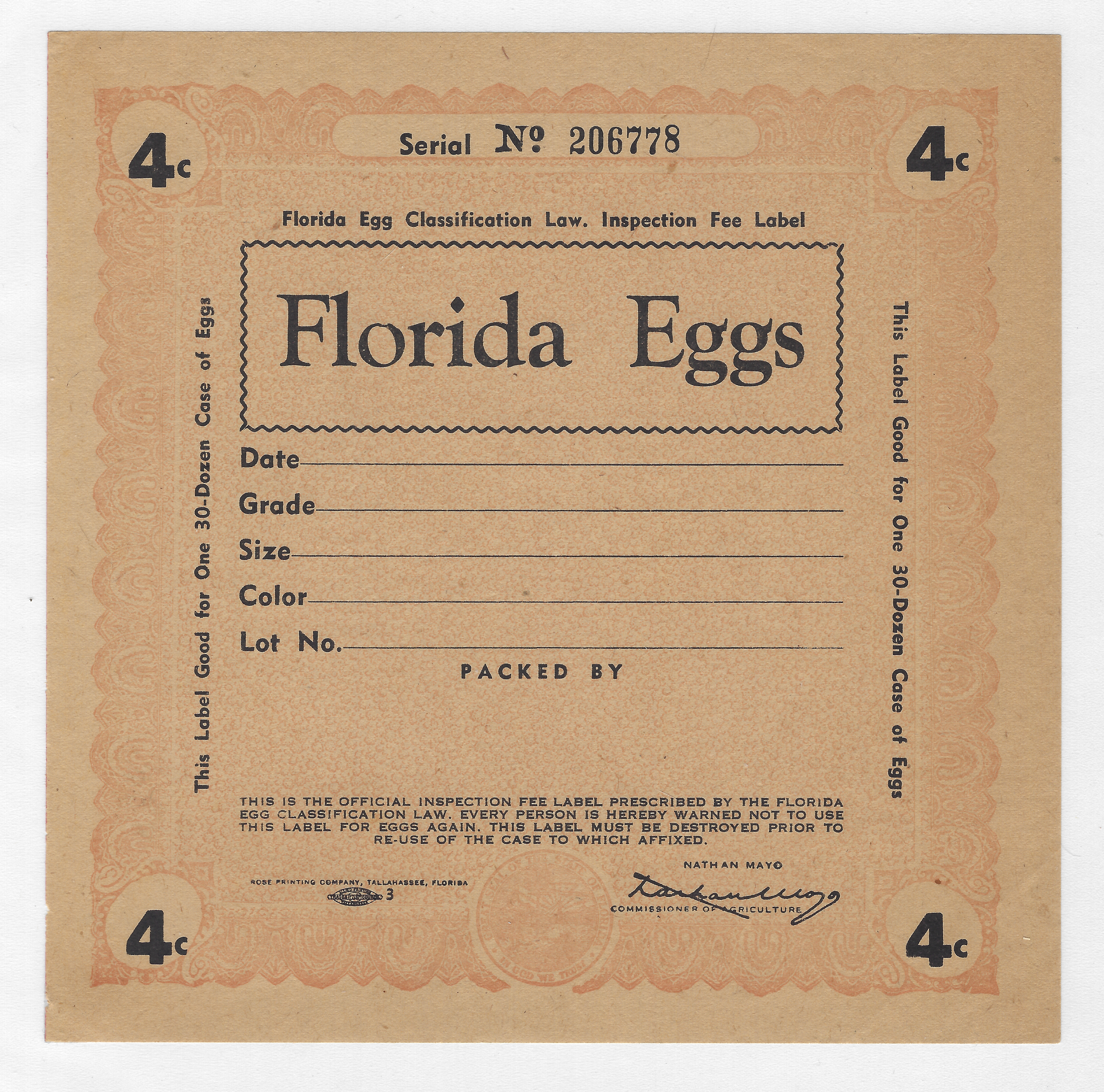 FL eggs, case E133 Florida Eggs 4¢ orange 30 doz M VF