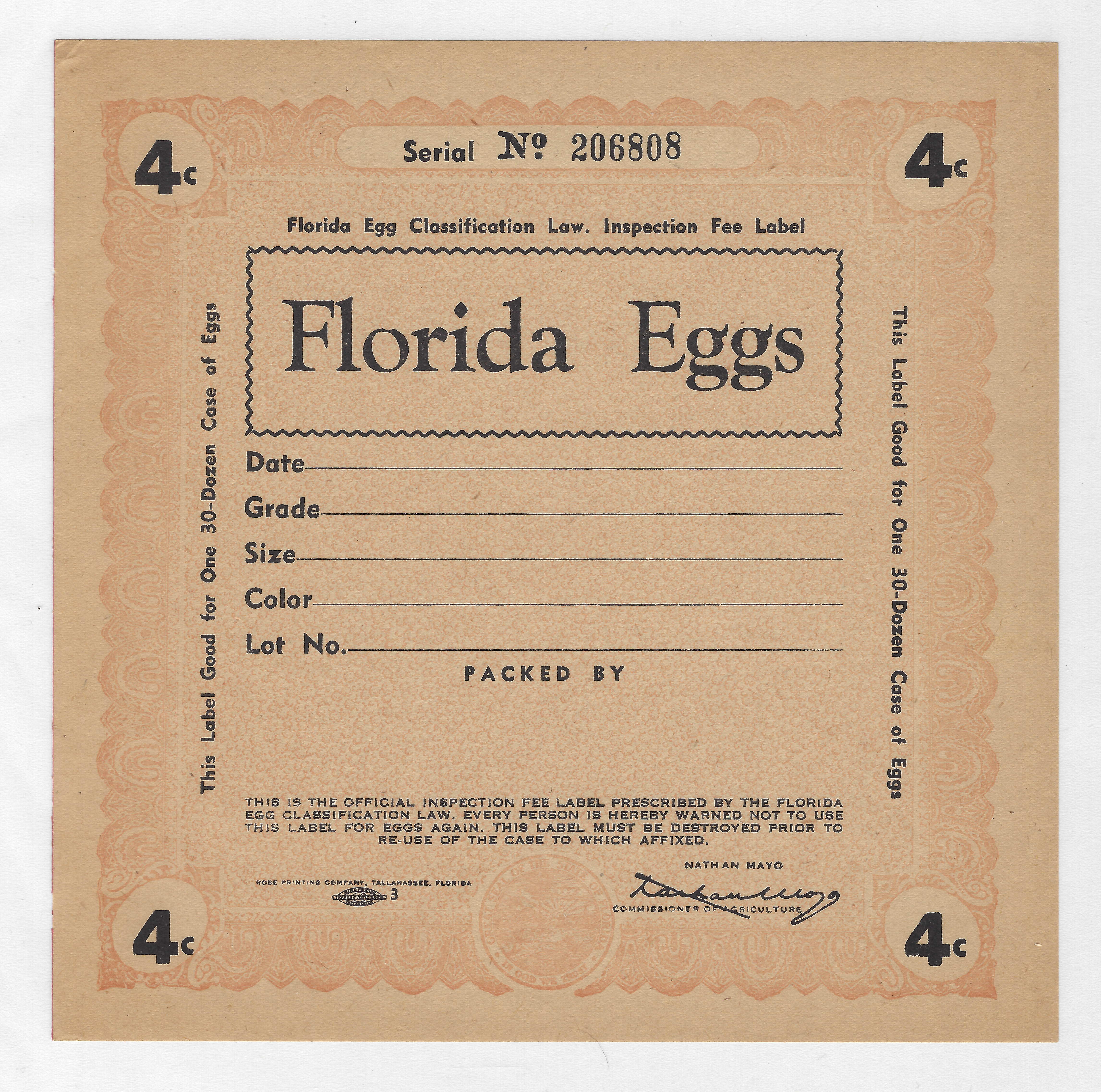 FL eggs, case E133 Florida Eggs 4¢ orange 30 doz M VF