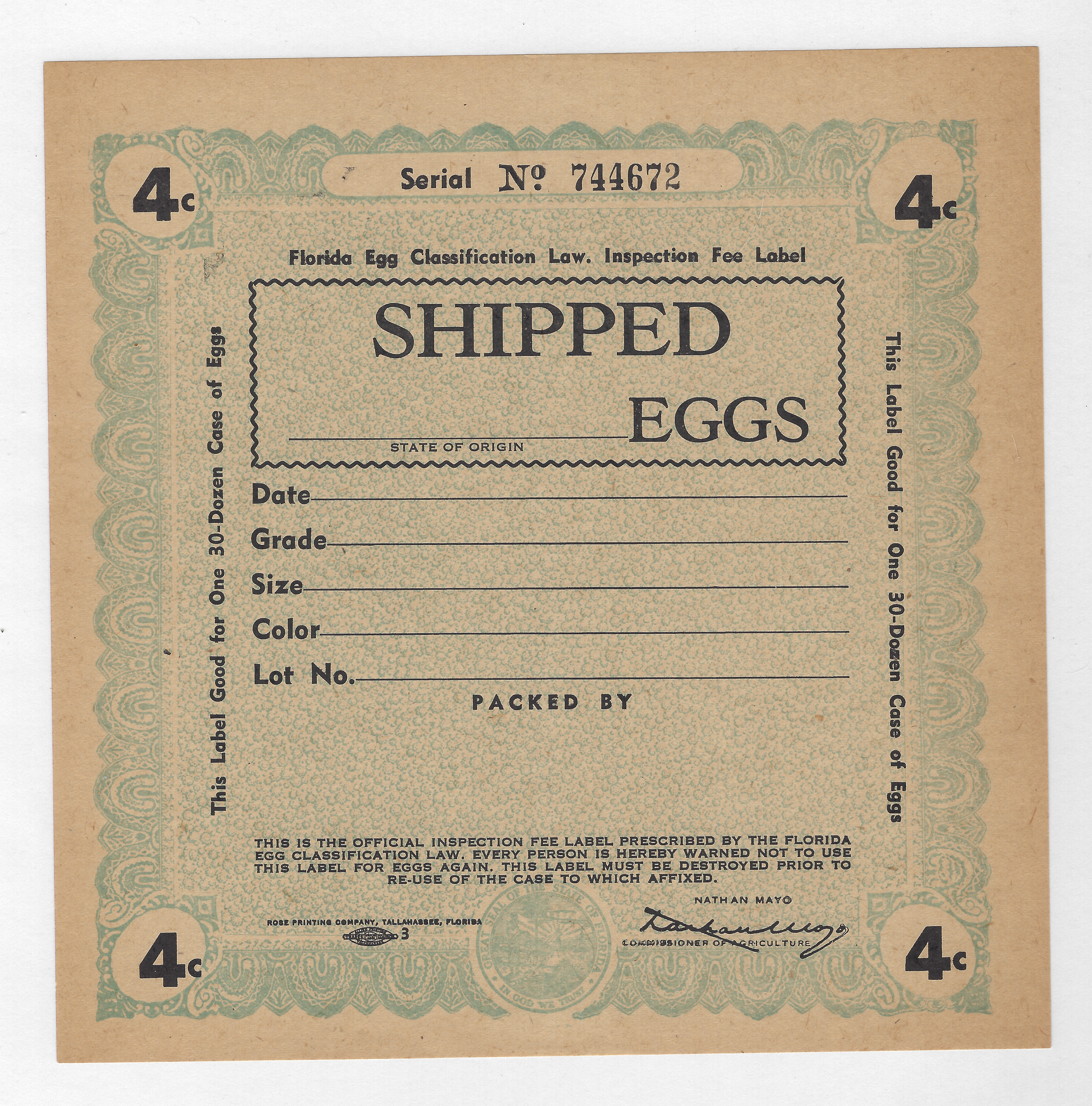 FL eggs, case E 137 Shipped Eggs 4¢ blue 30 doz M VF 