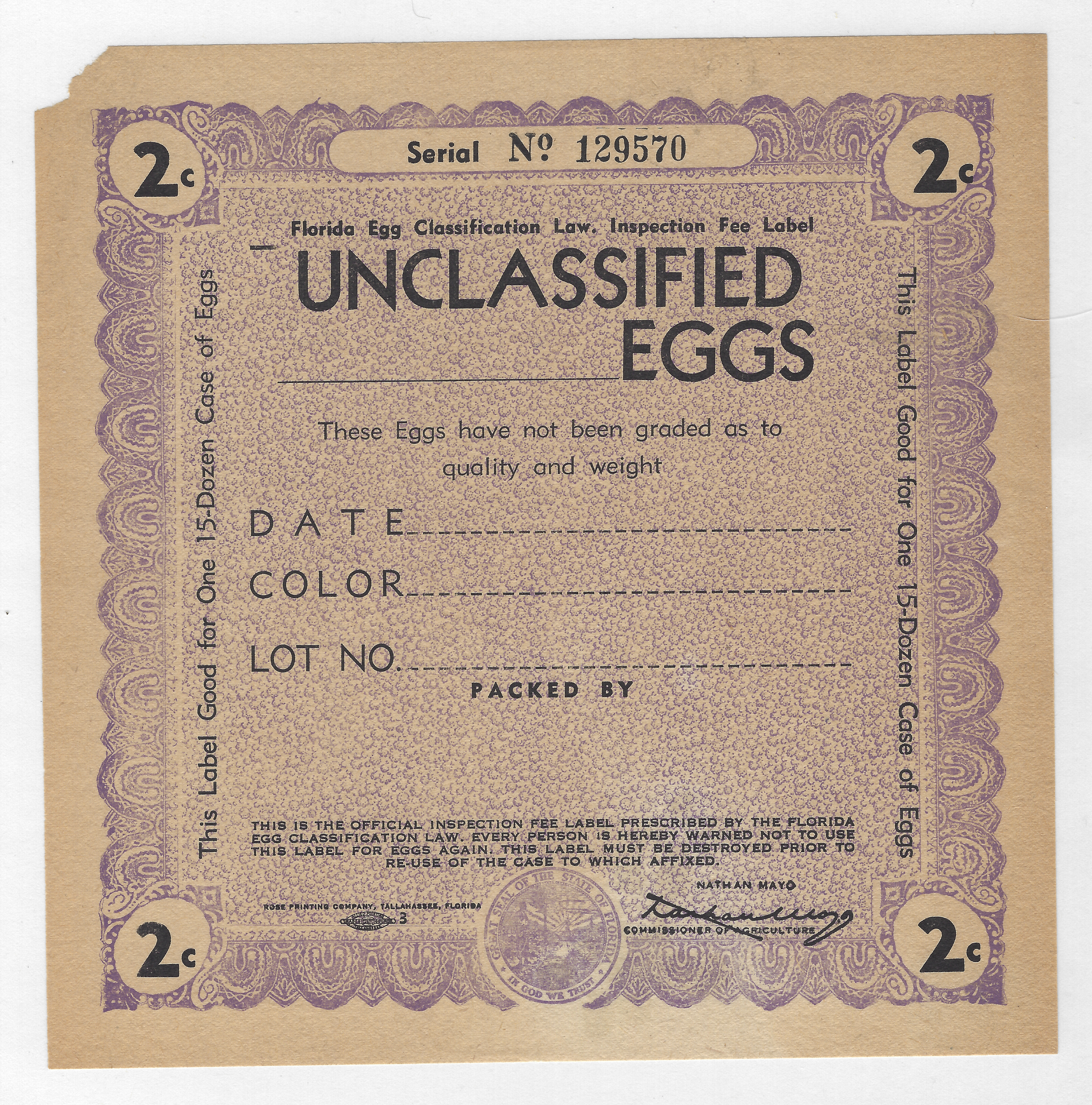 FL eggs, case E141 Unclassified Eggs 2¢ violet 15 doz M VF w/ UL corner missing