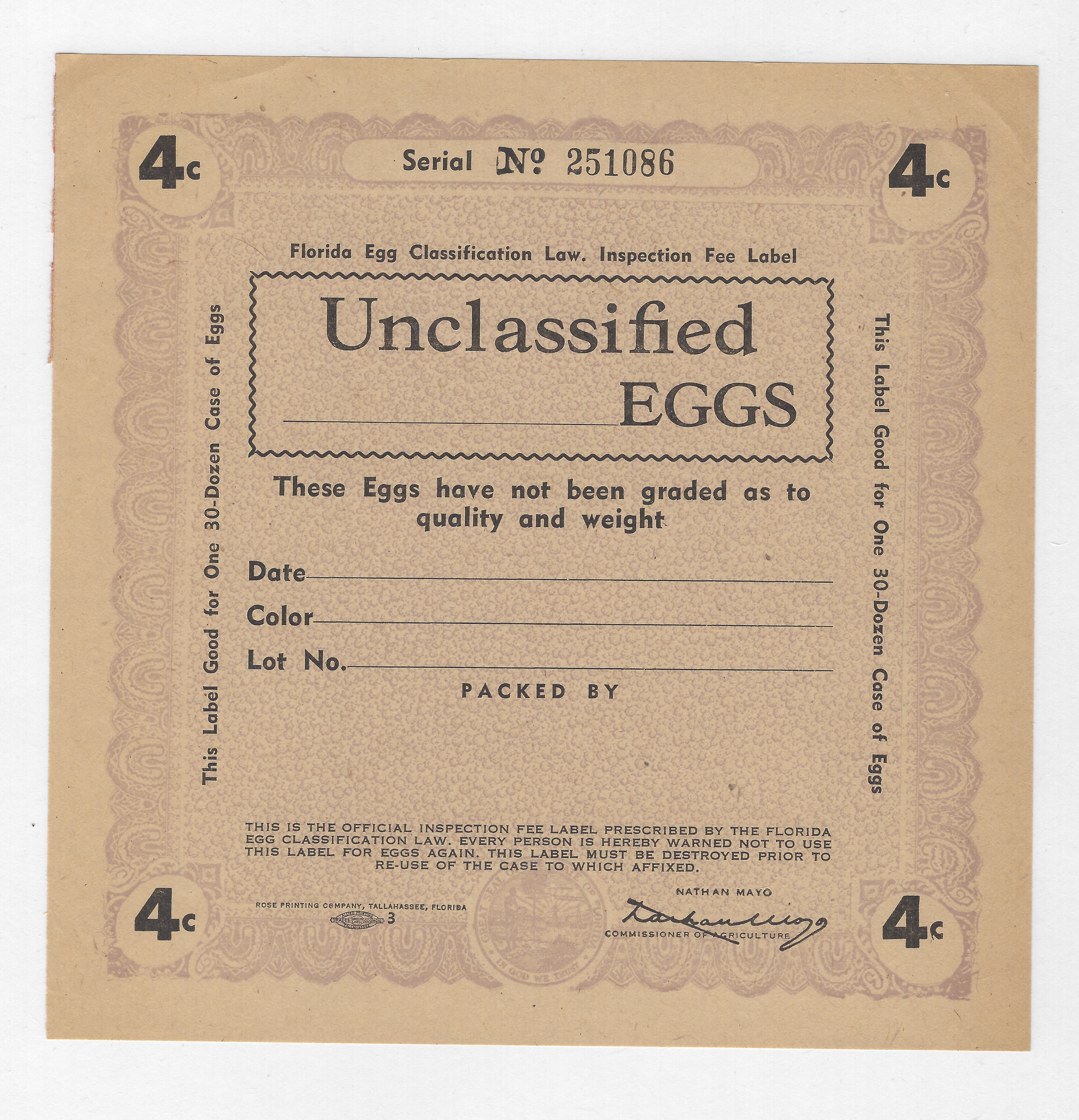 FL eggs, case E142 Unclassified Eggs 4¢ violet 30 doz M VF