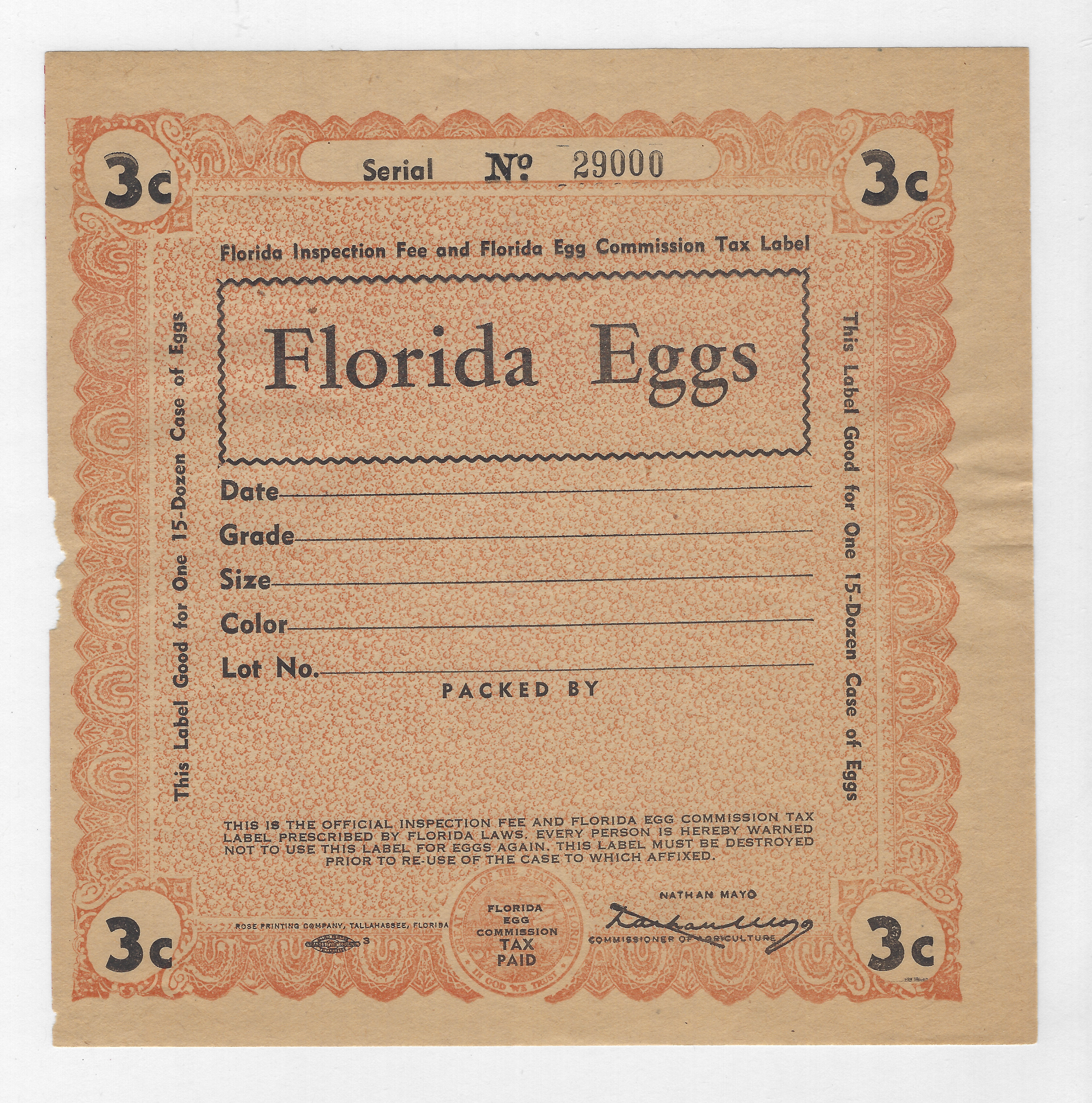 FL eggs, case E143 Florida Eggs 3¢ orange 15 doz M VF w/ margin flts