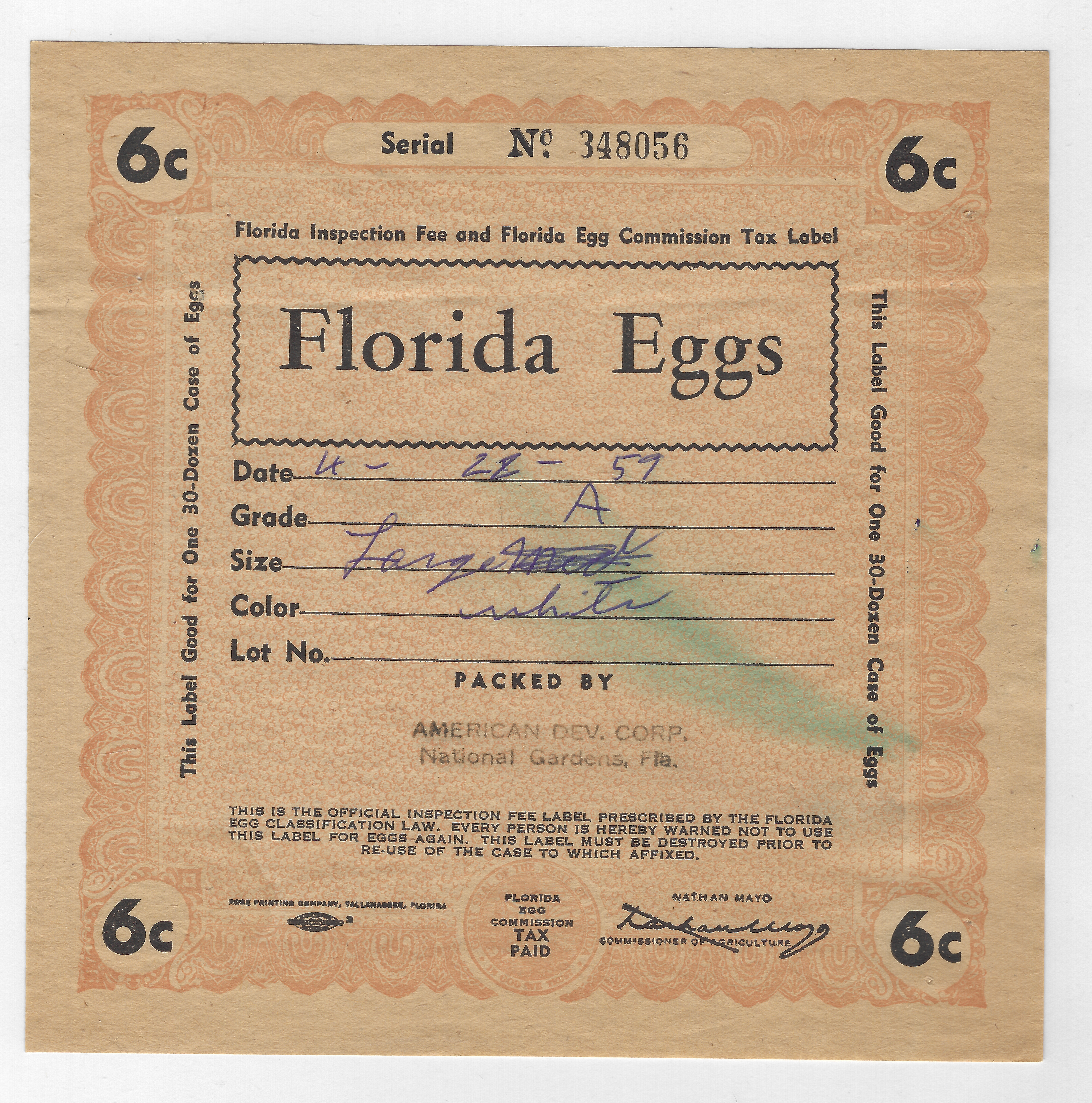 FL eggs, case E144 Florida Eggs 6¢ orange 30 doz U VF w/horz crease