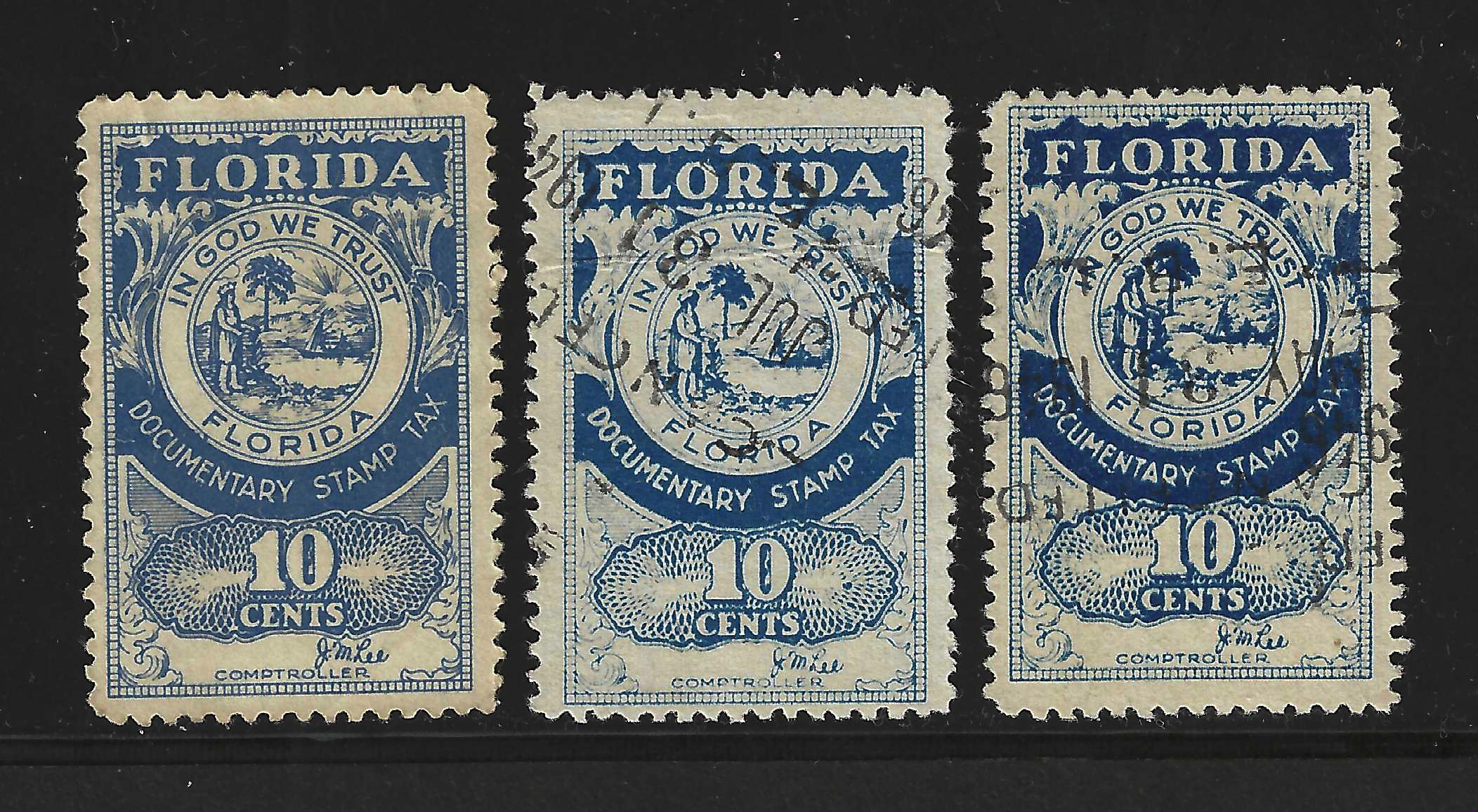 FL documentary D12a 10¢ 3 distinct shades on war paper Lee sign. U VF