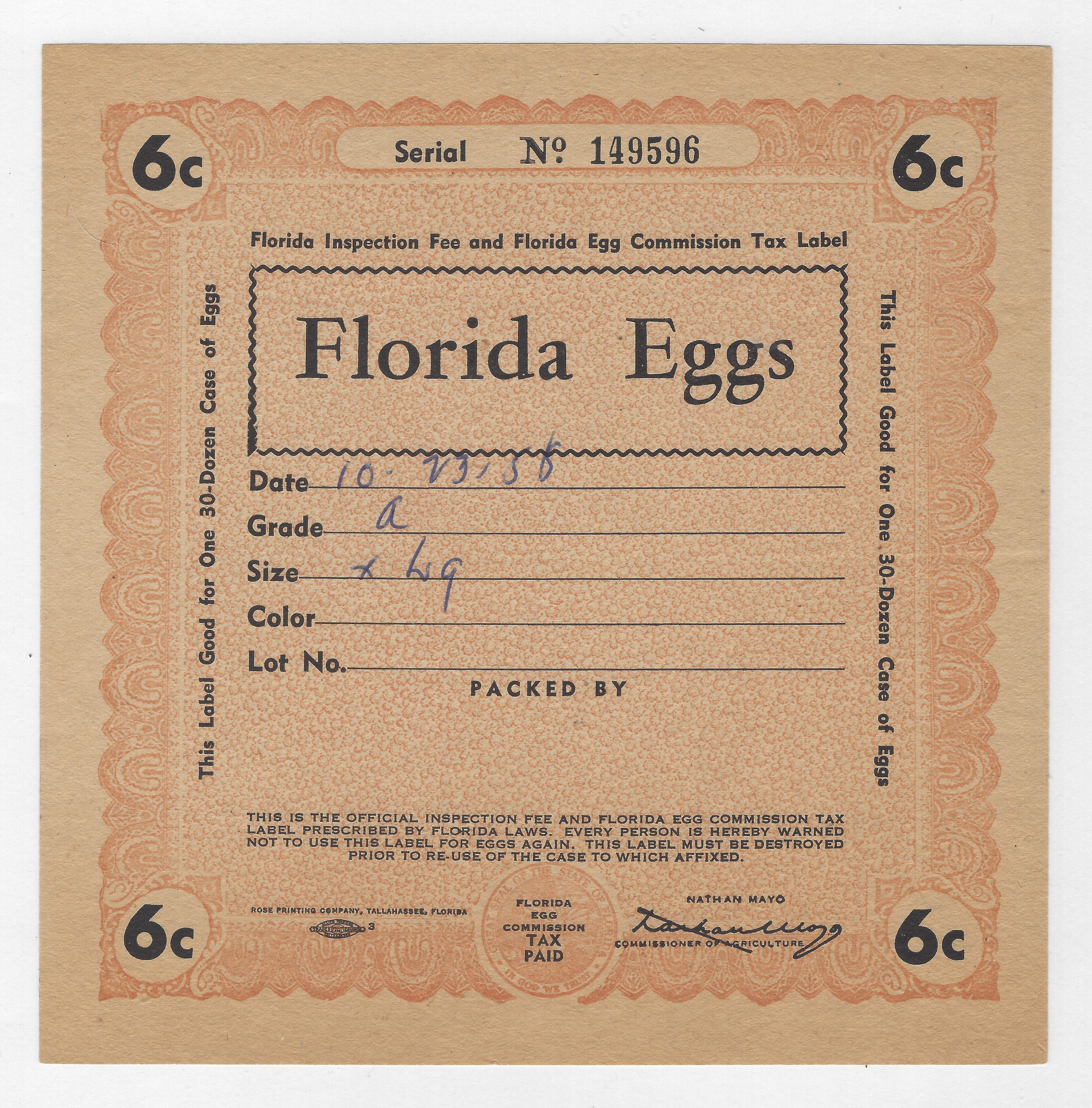 FL eggs, case E144 Florida Eggs 6¢ orange 30 doz U VF 