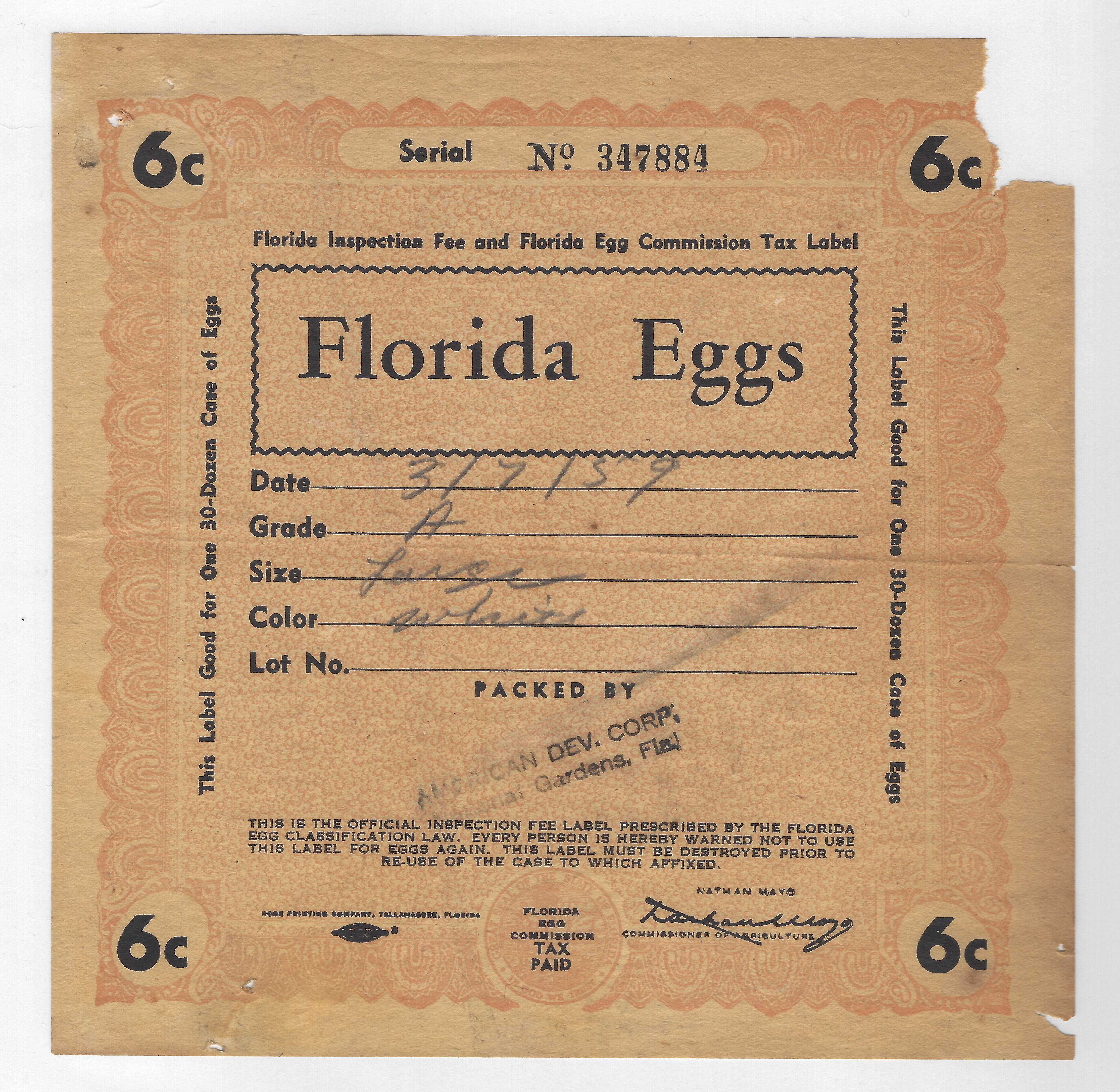 FL eggs, case E144 Florida Eggs 6¢ orange 30 doz U VF w/ missing UR corner & tack holes etc. 