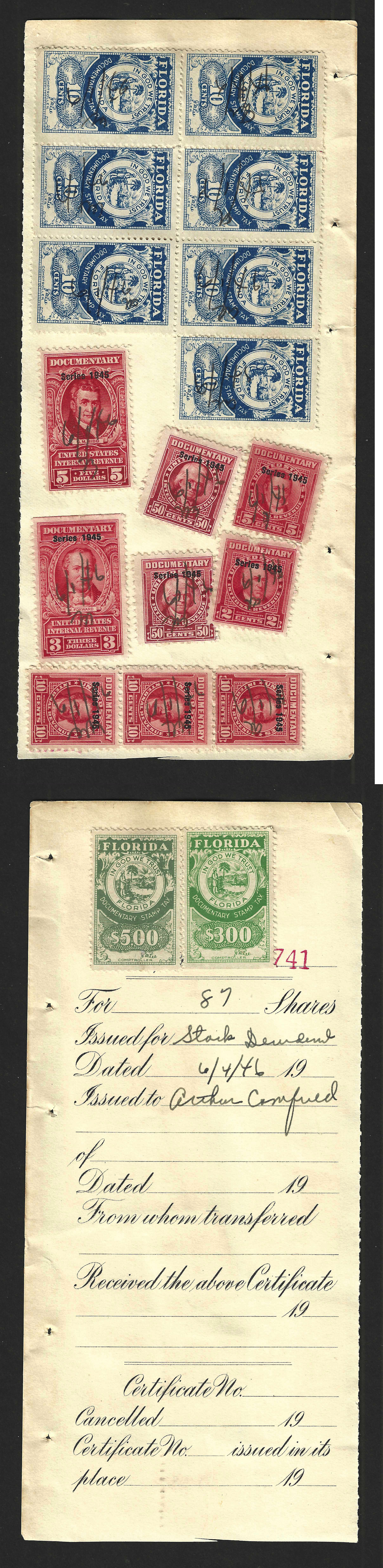 FL documentary D12 ( X7) D18  D19 and 9 U.S.I.R. 1945 red revenues on both sides of stock certificate stub