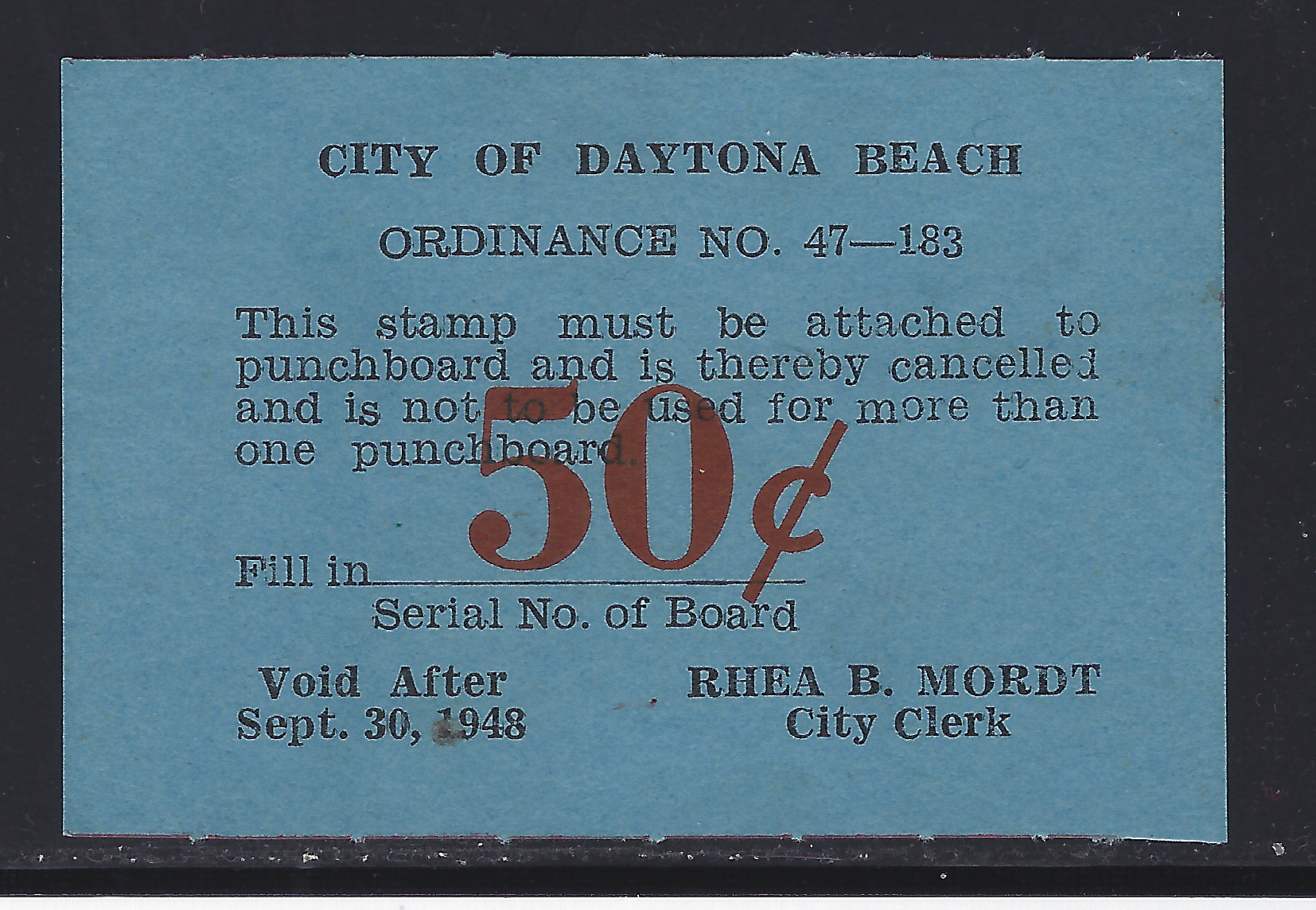 FL City of Daytona Beach 50¢ punch board blue Unlisted U VF