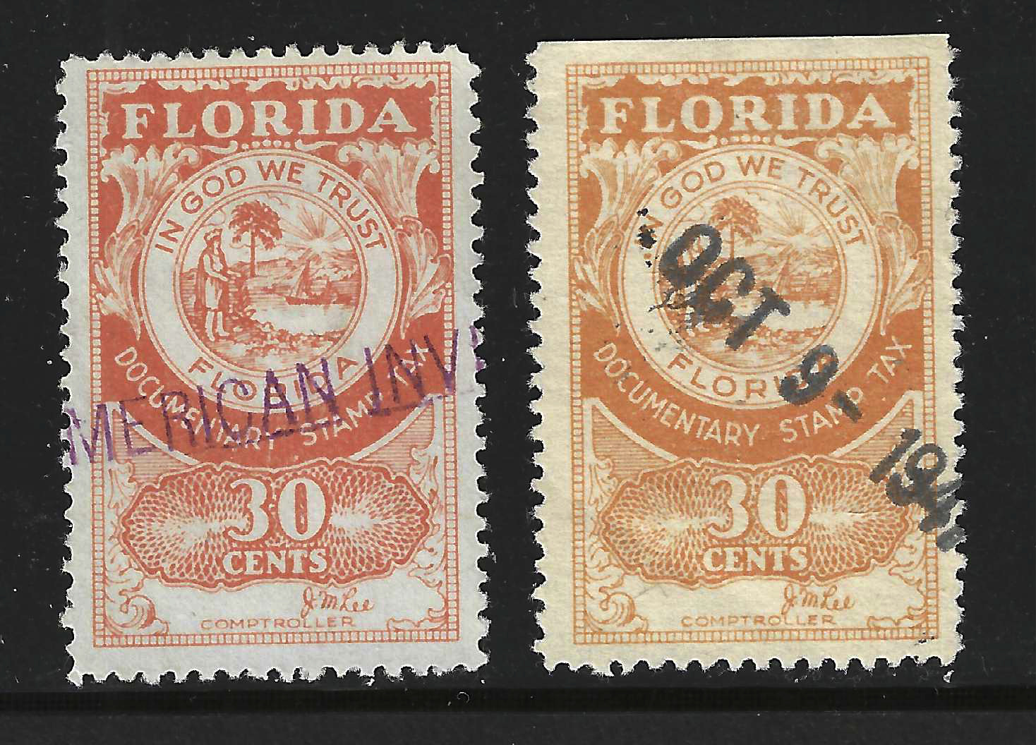 FL documentary D13 30¢ orange in 2 distinct shades U VF Lee sign. 1 w/SE at T