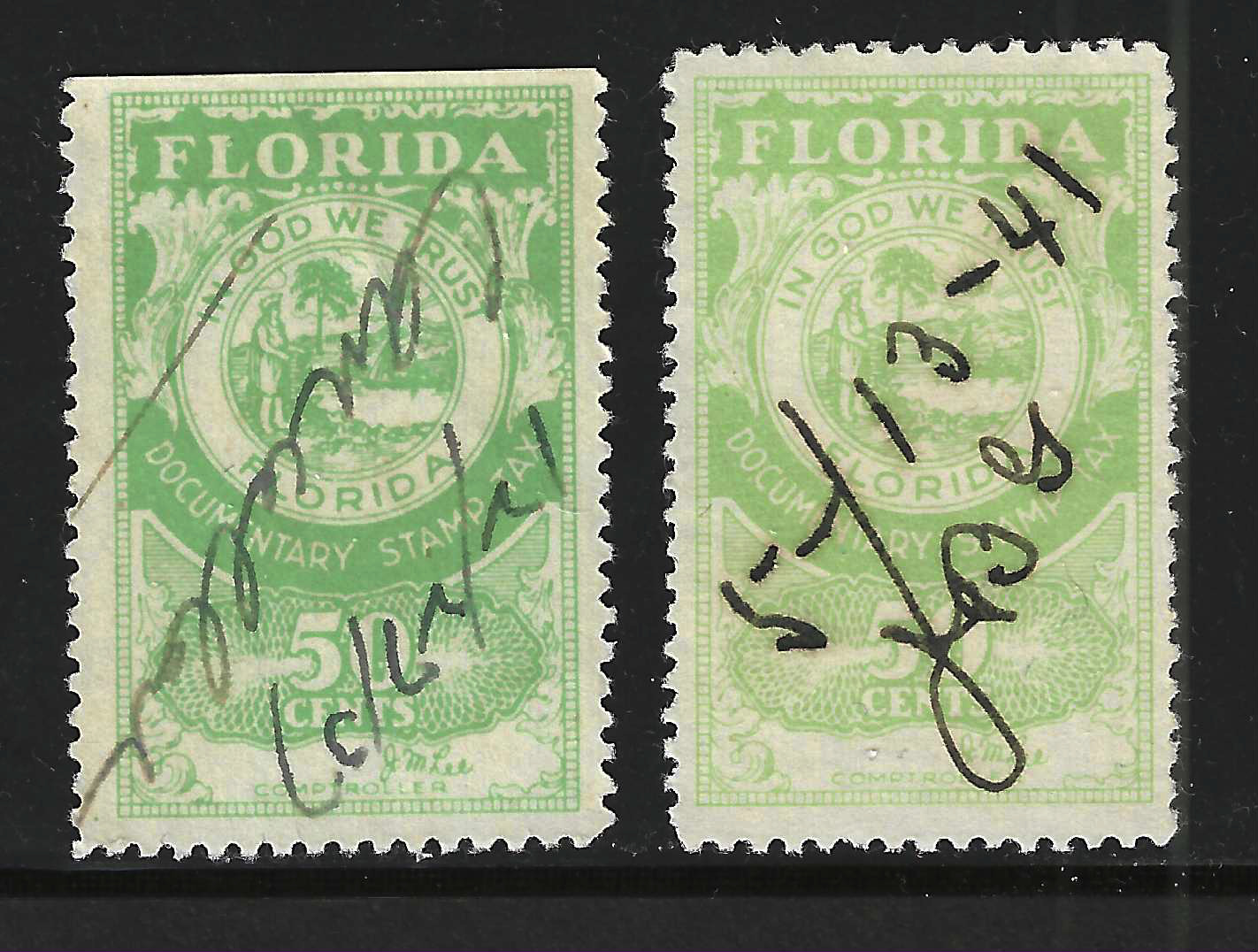 FL documentary D14 50¢ green Lee sign. U VF 2 distinct shades 1 w/ SE at T