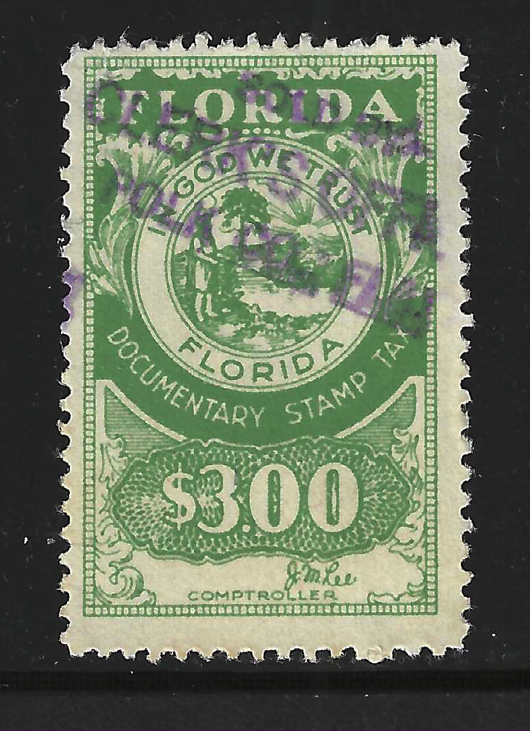 FL documentary D18 $3.00 green Lee sign. U VF