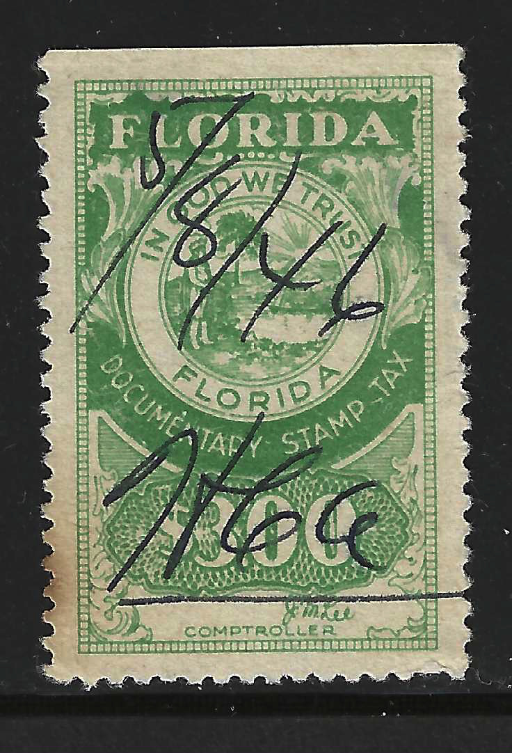 FL documentary D18a $3.00 green on war paper Lee sign. U VF w/ SE at T