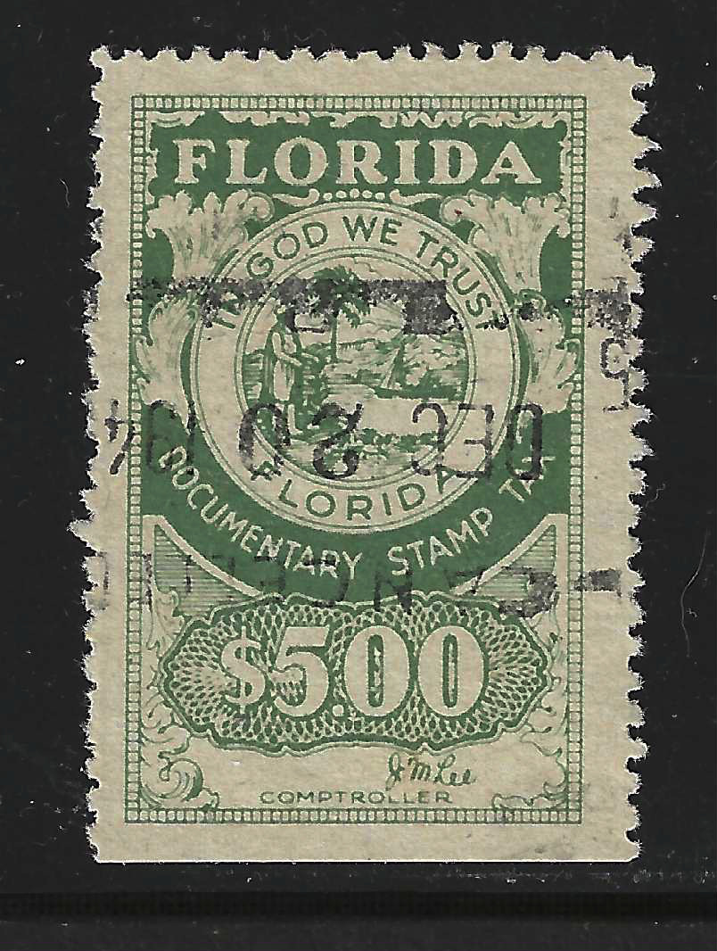 FL documentary D19a $5.00 gray-green on war paper Lee sign. U VF w/ SE at B  