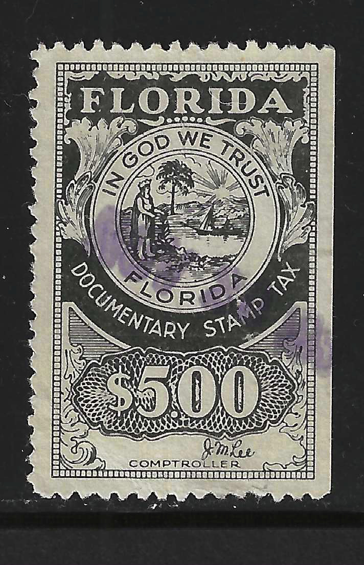 FL documentary D20 $5.00 black Lee sign. U VF w/ SE at R