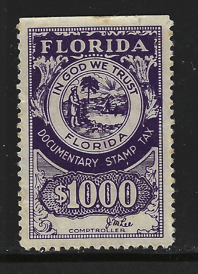 FL documentary D21a $10.00 violet on war paper Lee sign. U VF w/ SE at T