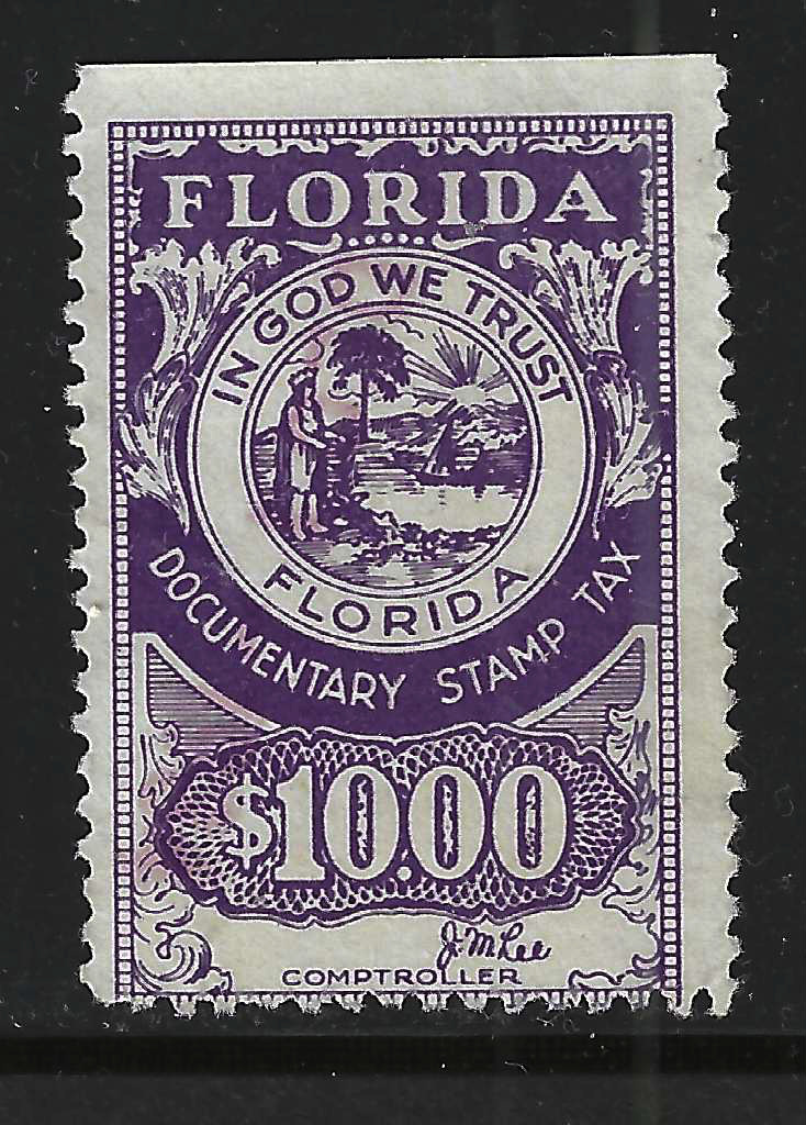 FL documentary D22 $10.00 dk purple Lee sign. UF- VF w/ SE at T