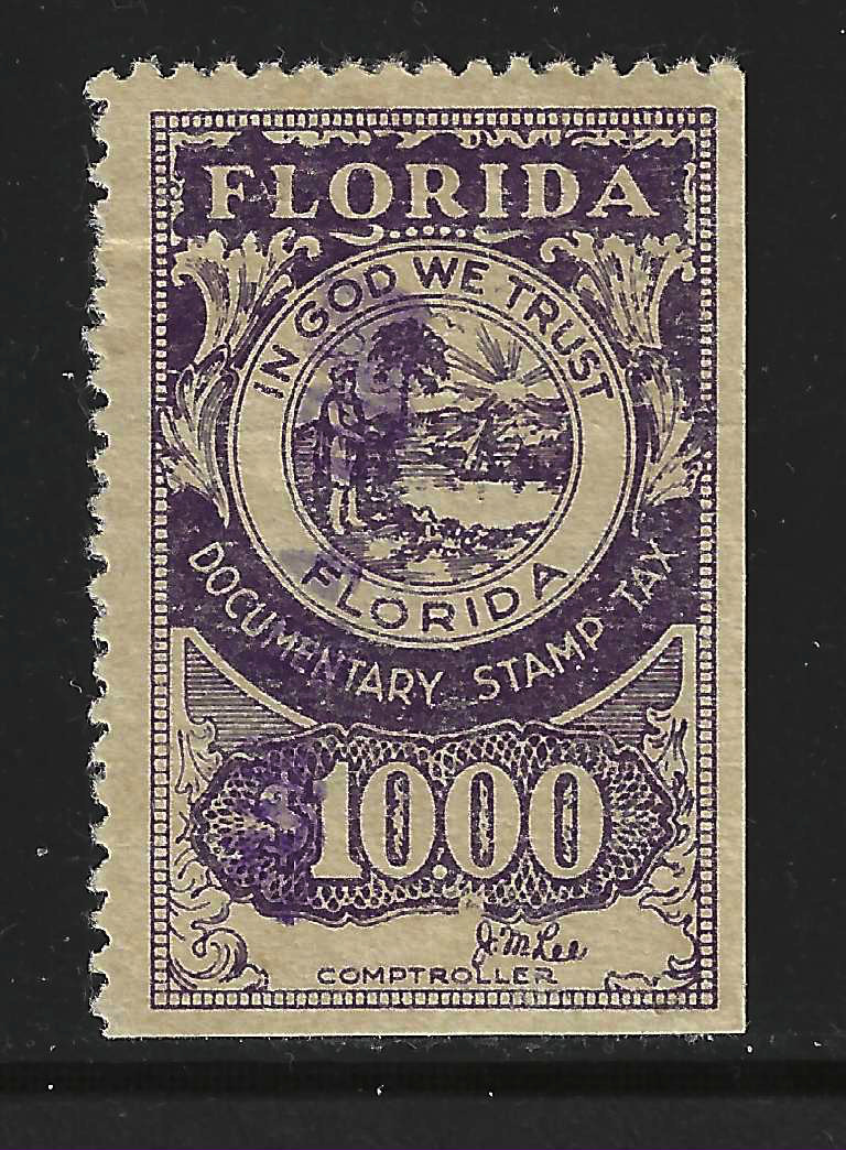 FL documentary D22 $10.00 dk purple Lee sign. UF- VF w/ SE at B & R