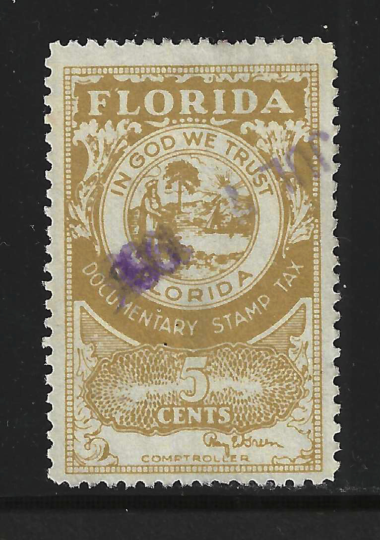 FL documentary D35 5¢ gold Green sign. U VF